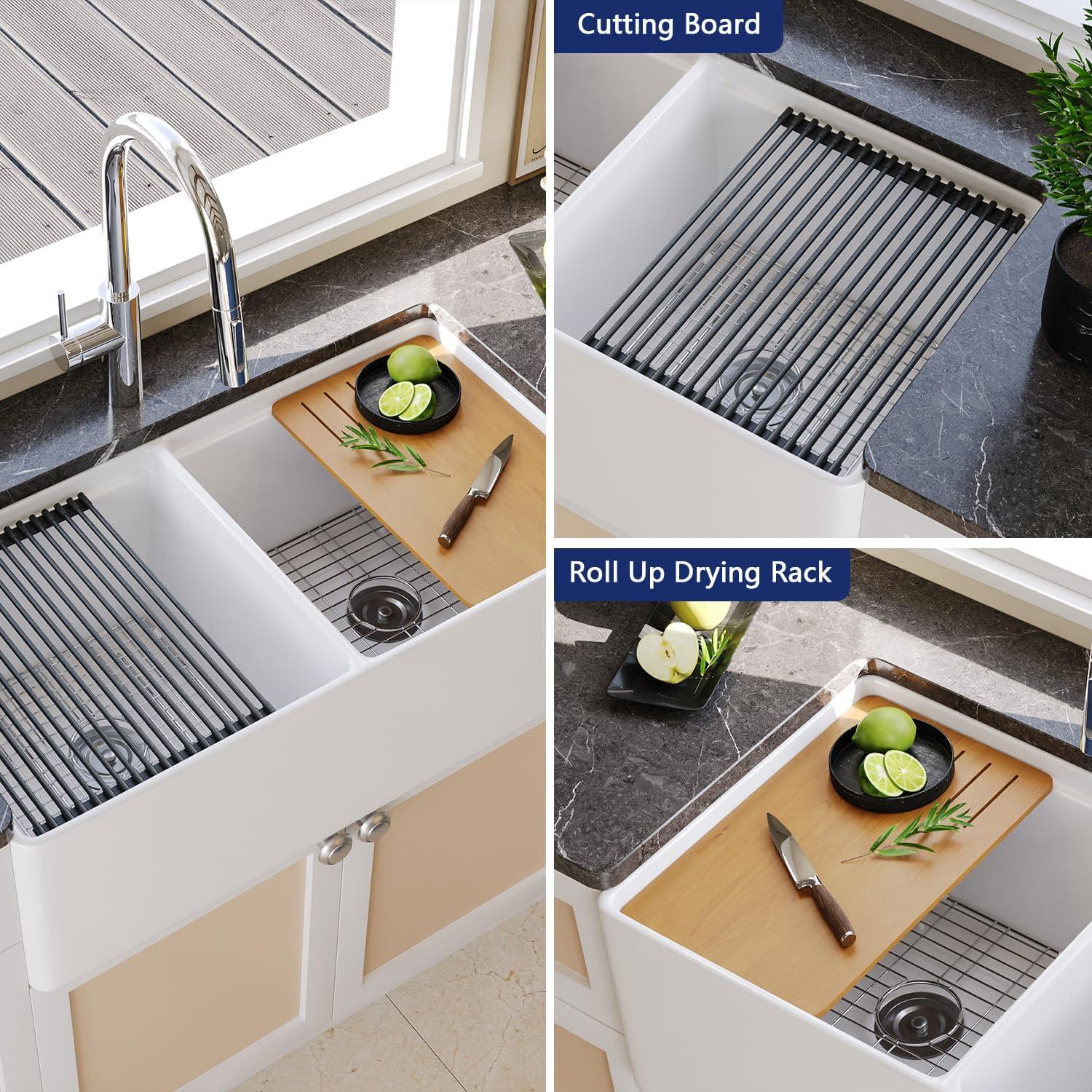 DeerValley 33" L X 20" W Double Basin Workstation Farmhouse Kitchen Sink With Sink Grid, Cutting Board And Dish-Drying Rack