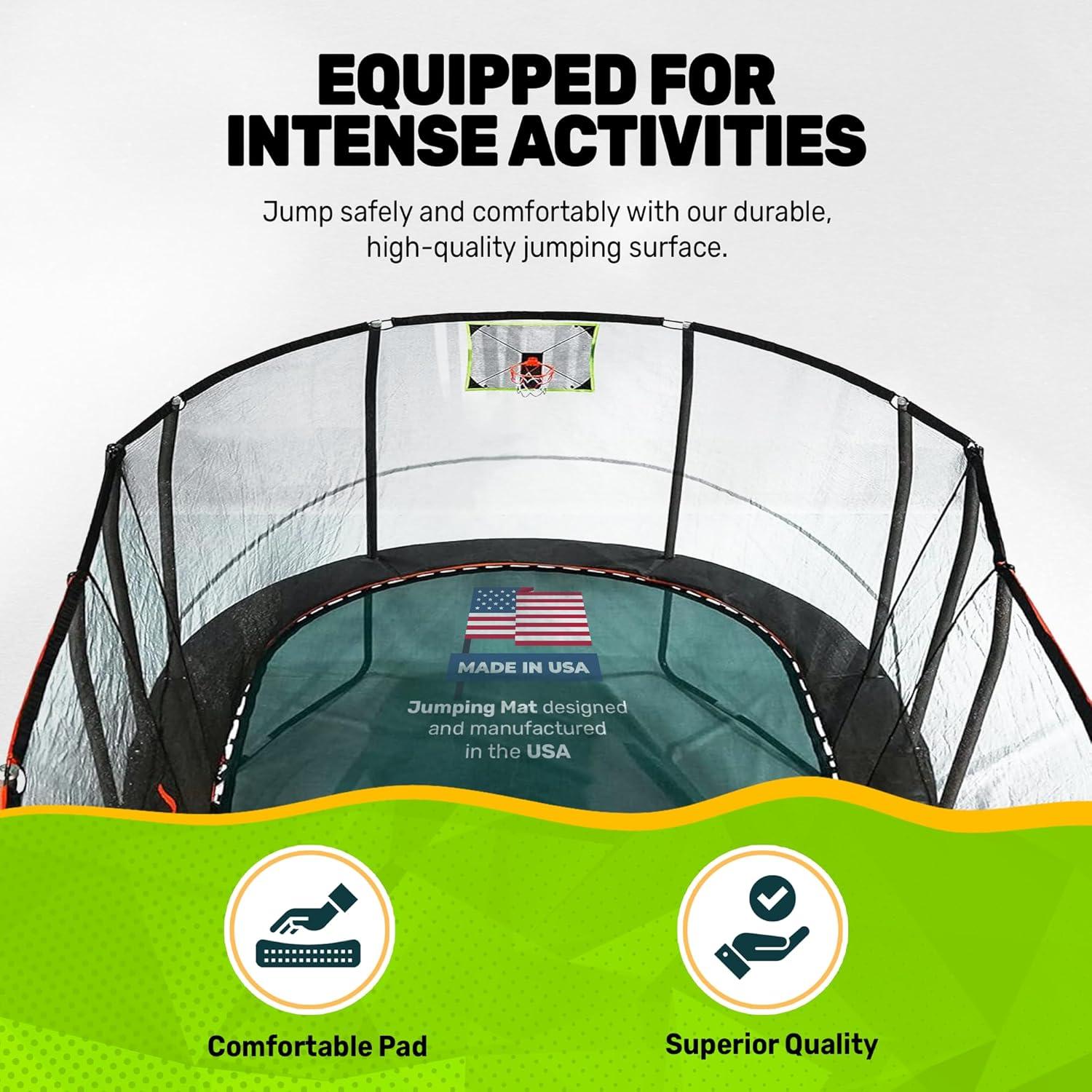 JumpKing 10'x17' Multi-Level Oval Trampoline - Outdoor/Indoor Recreational Trampoline w/ Basketball Hoop, Toss Game, Enclosure Net - Large Trampoline and Holiday Gift for Kids, Adults, & Family Fun