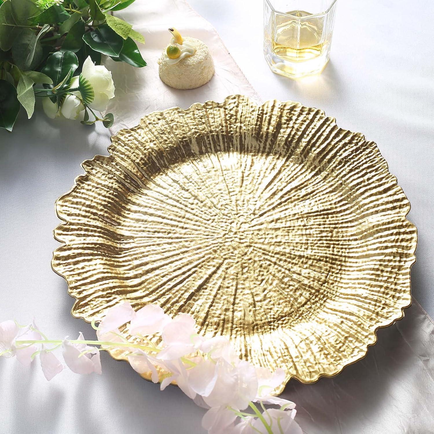 Efavormart 6 Pack 13" Round Gold Plastic Reef Charger Plates Ruffled Rim Dinner Charger Plates For Weddings Events