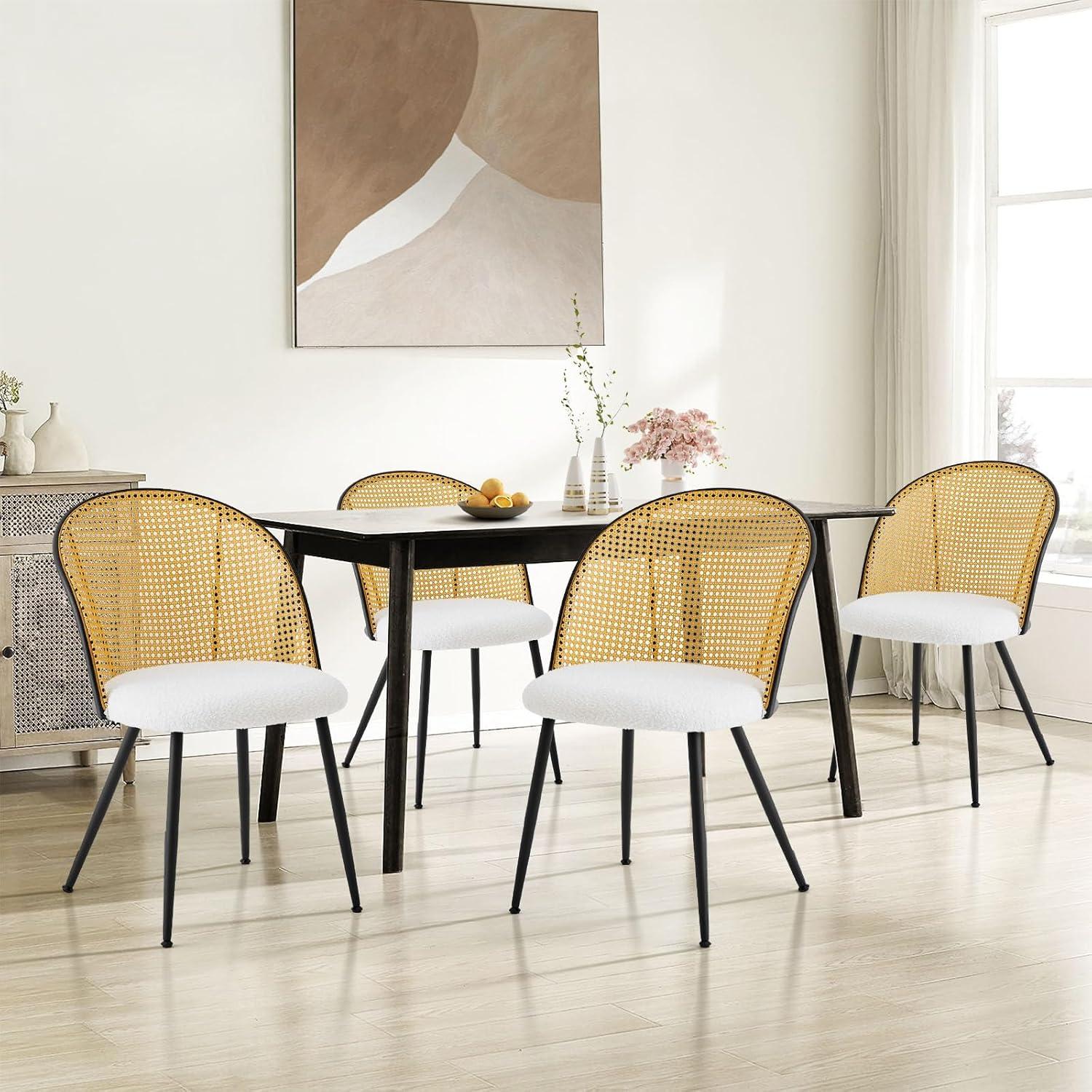 Lucky Monet Modern Upholstered Rattan Dining Chairs Set of 2/4 Set of 2 - PU-White-Natural Back
