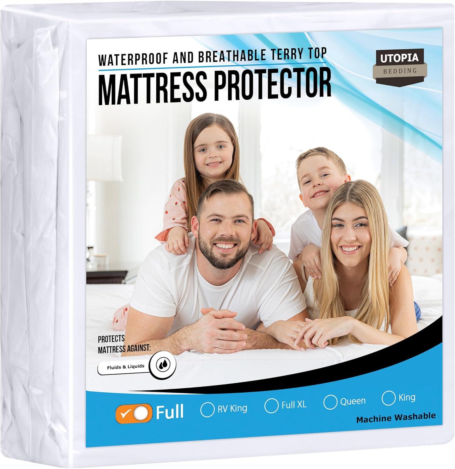 Full Size White Waterproof Terry Mattress Protector with Stretchable Pockets