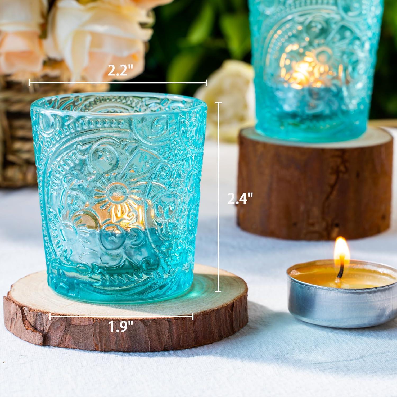 6 Pack Sun Moon Star Embossed Glass Tea Light Candle Holders - Votive Candle Holders for Wedding, Party, Home Decor, and Table Centerpieces (Aqua Blue)
