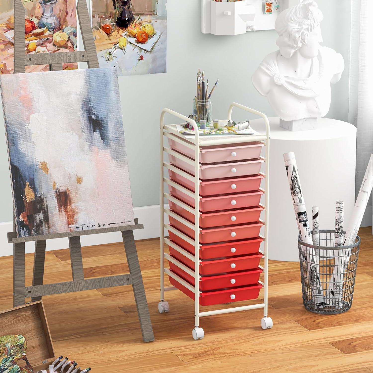 Giantex 10-Drawer Storage Cart w/Universal Wheel, Rolling Cart w/Handle, Home Organizer Storage Unit w/Removable Drawers, Trolley Utility Cart for Kitchen Makeup Living Room Office Play Room