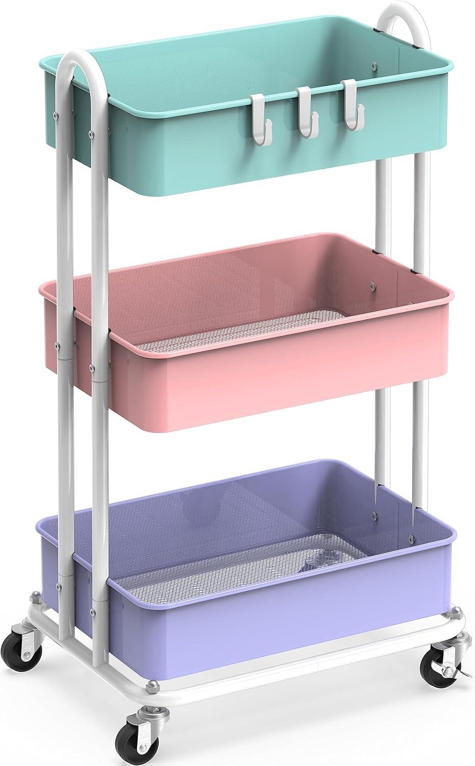 Multicolor Metal 3-Tier Utility Rolling Cart with Swivel Wheels