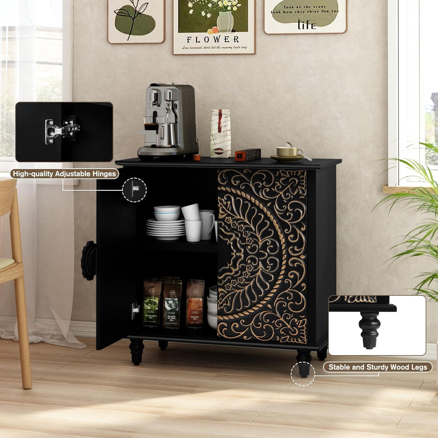 Black Carved Floral Pattern 2-Door Accent Cabinet