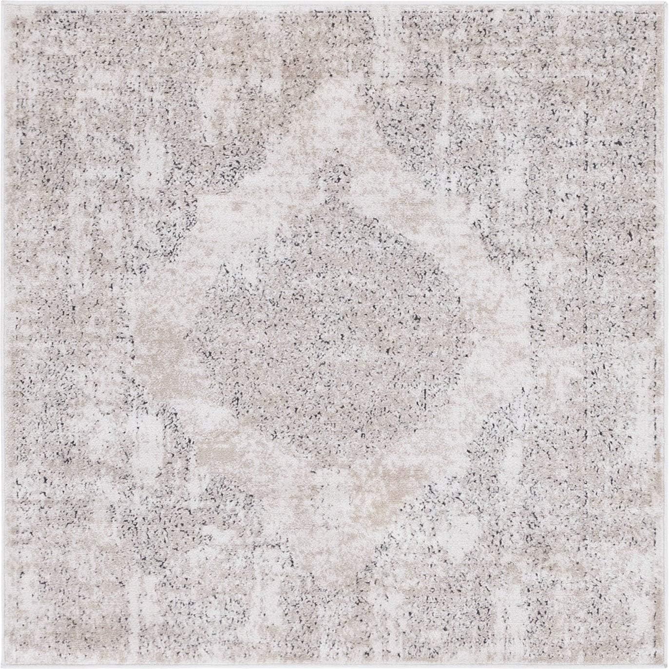 Ivory Geometric Square Stain-Resistant Synthetic Rug