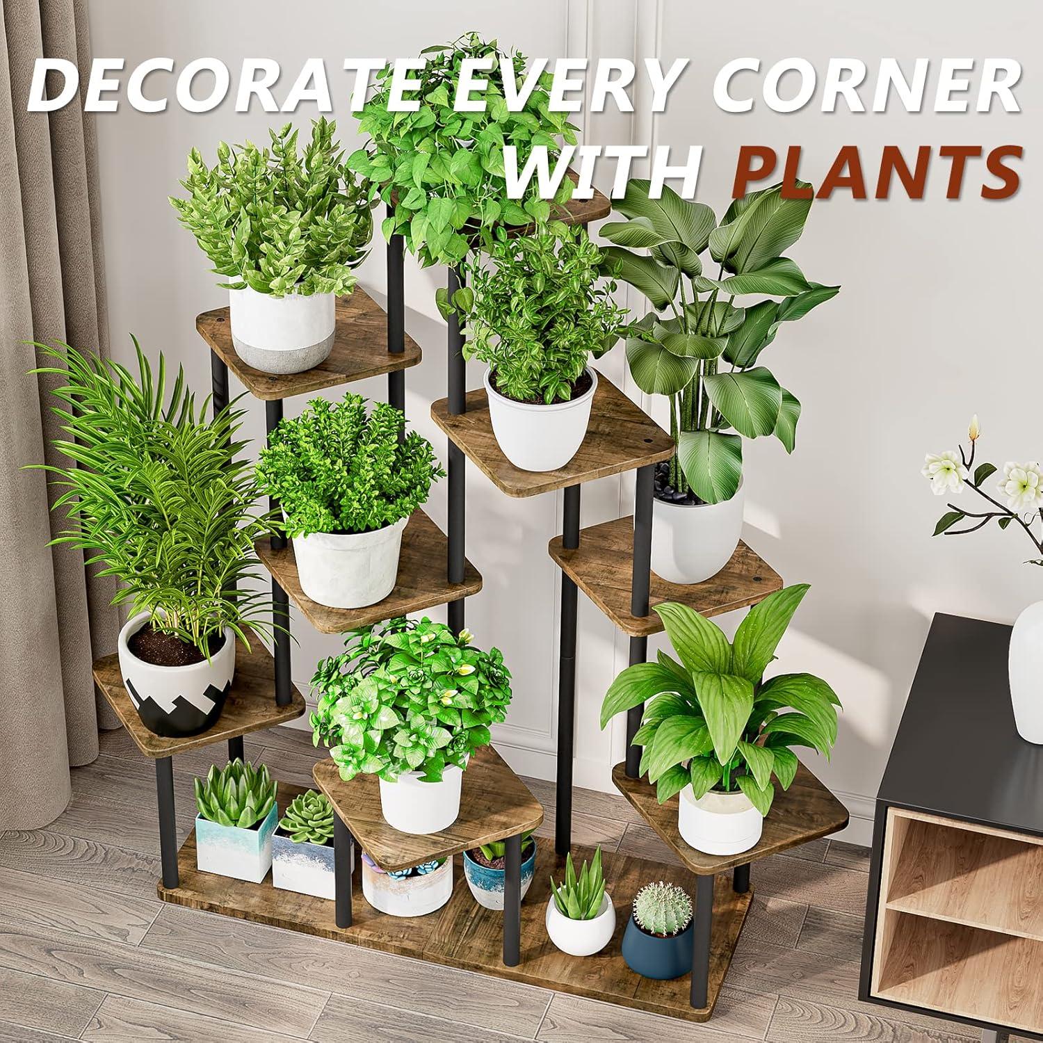 AZERPIAN Plant Stand 9 Tier Indoor Metal Flower Shelf for Multiple Plants Corner Tall Flower Holders for Patio Garden Living Room Balcony Bedroom, Black+Rustic Brown