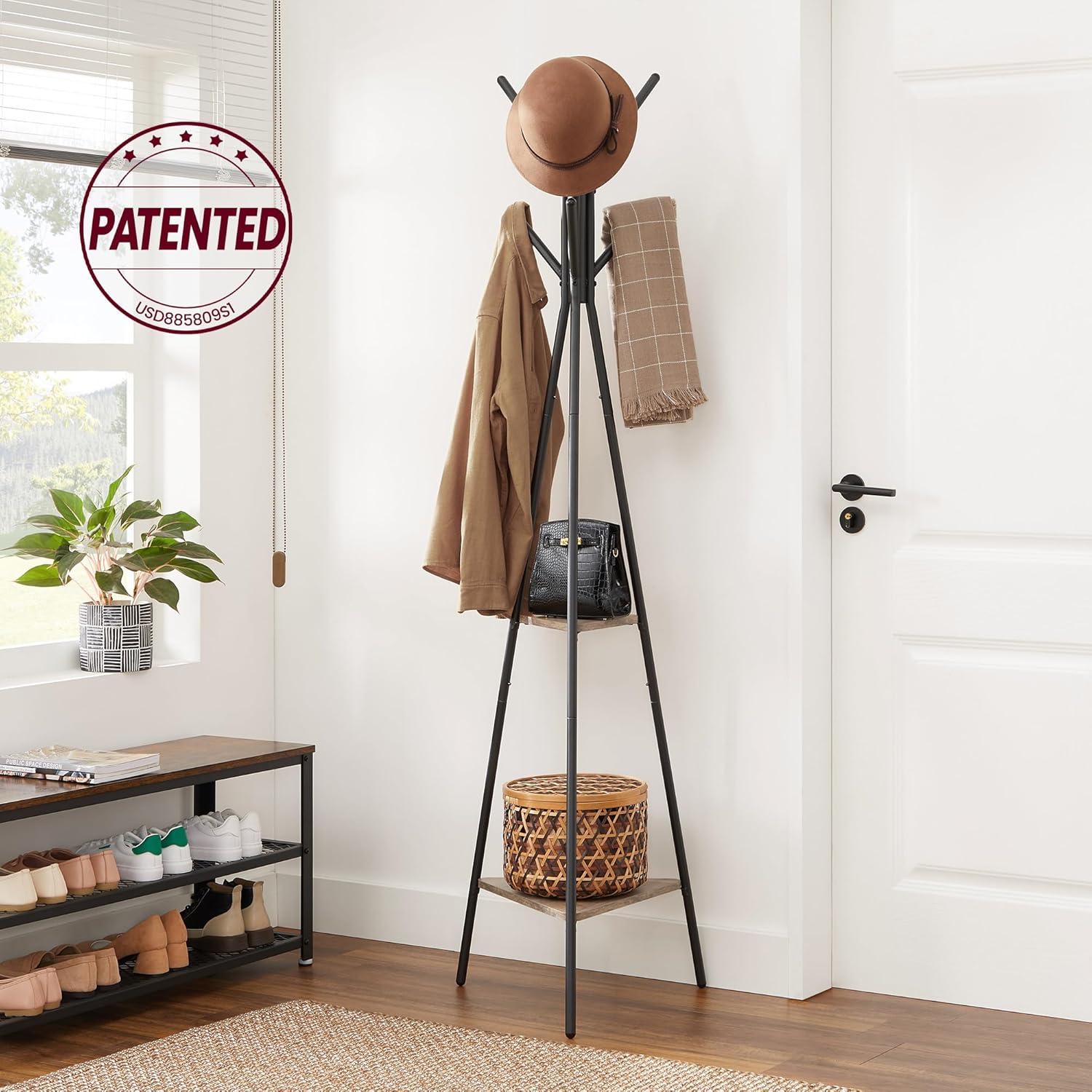 Coat Rack Freestanding Coat Hanger Stand Hall Tree with 2 Shelves for Clothes Hat Bag Industrial Style Greige and Black
