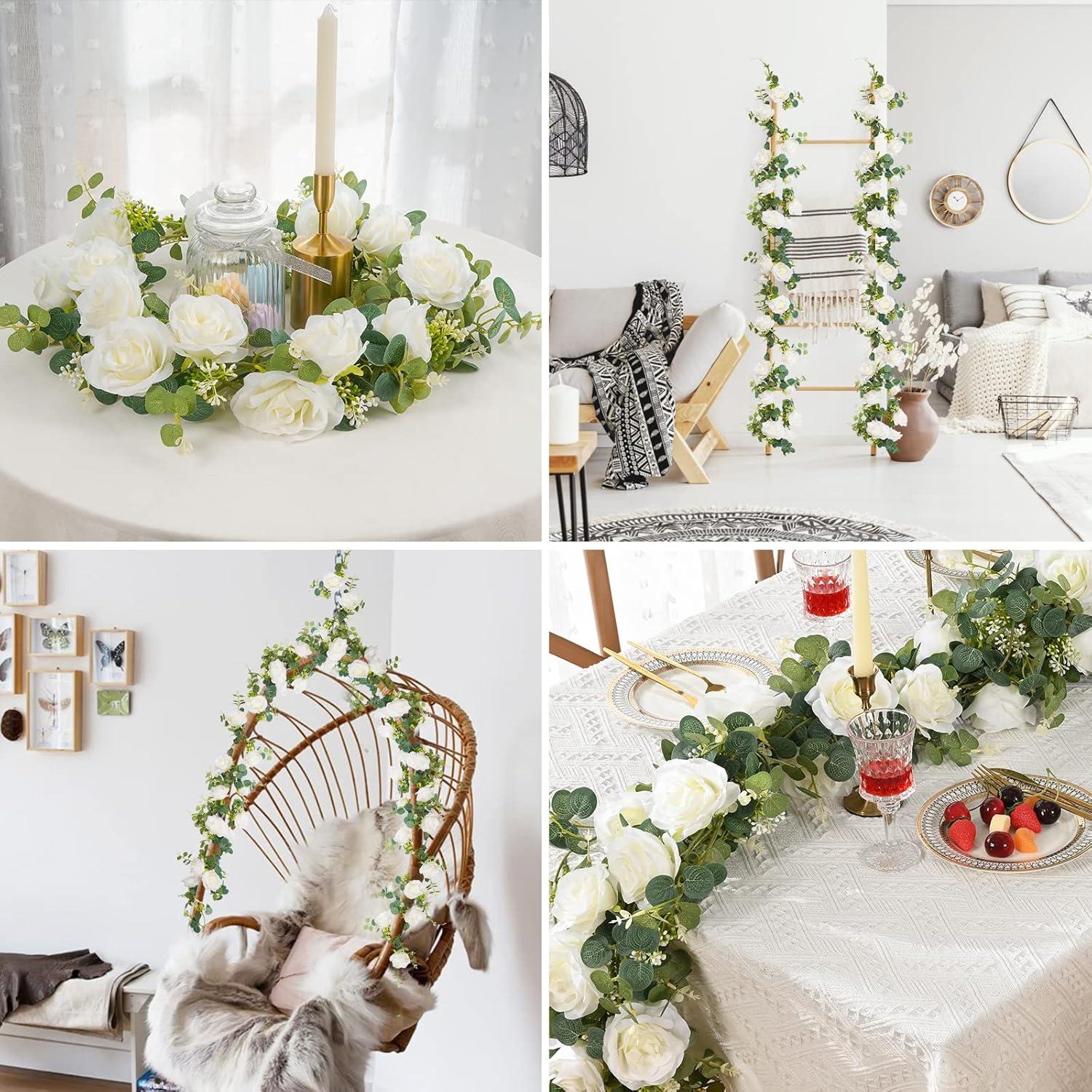 13Ft White Rose and Eucalyptus Artificial Garland Set