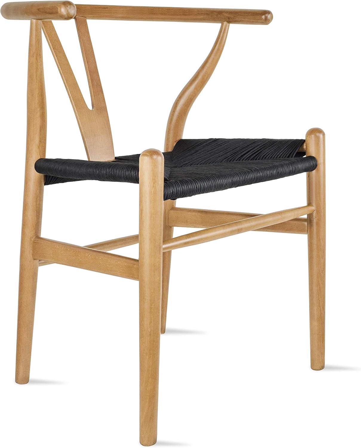 2xhome Set of 2 Wishbone Solid Wood Armchairs with Arms Open Y Back Farmhouse Dining Office Chairs with Woven Black Seat, Natural