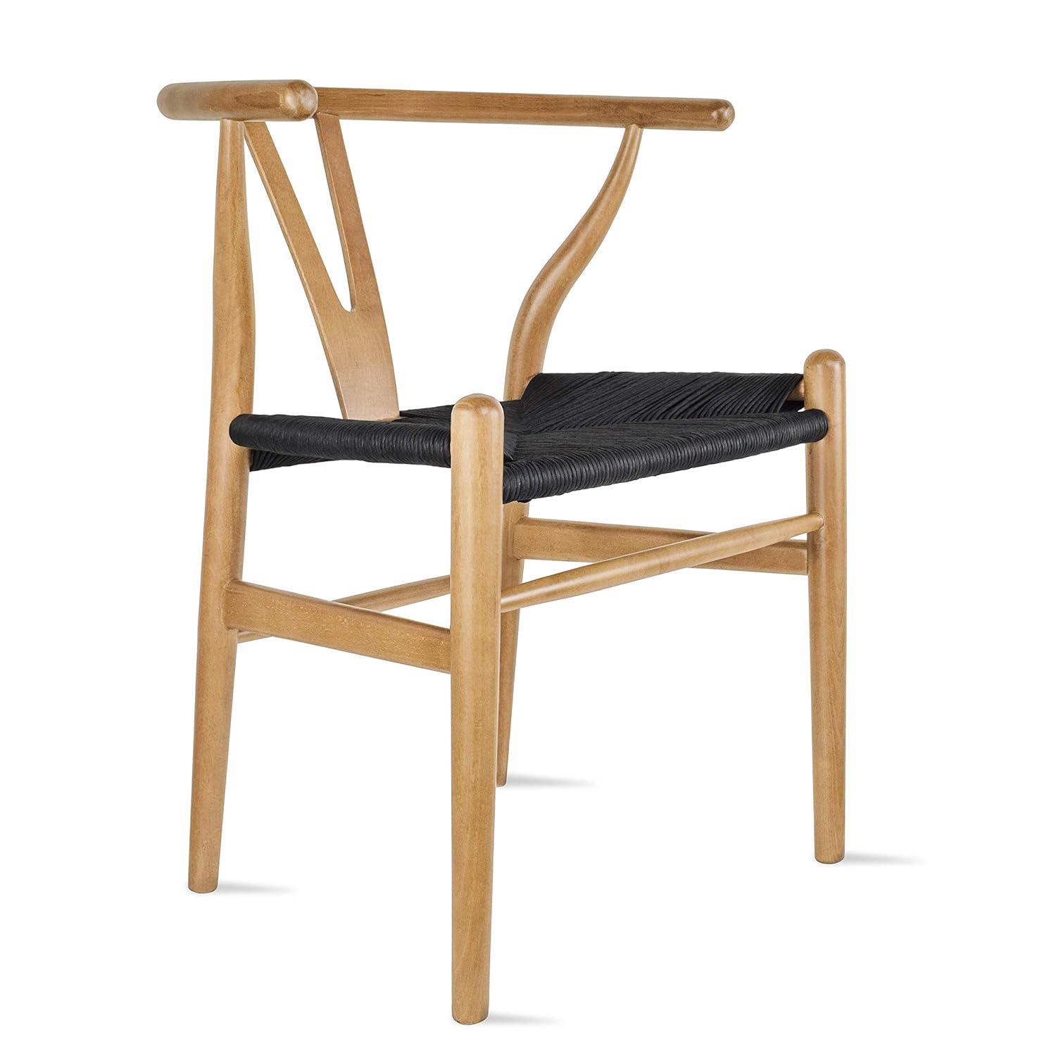 2xhome Set of 2 Wishbone Solid Wood Armchairs with Arms Open Y Back Farmhouse Dining Office Chairs with Woven Black Seat, Natural