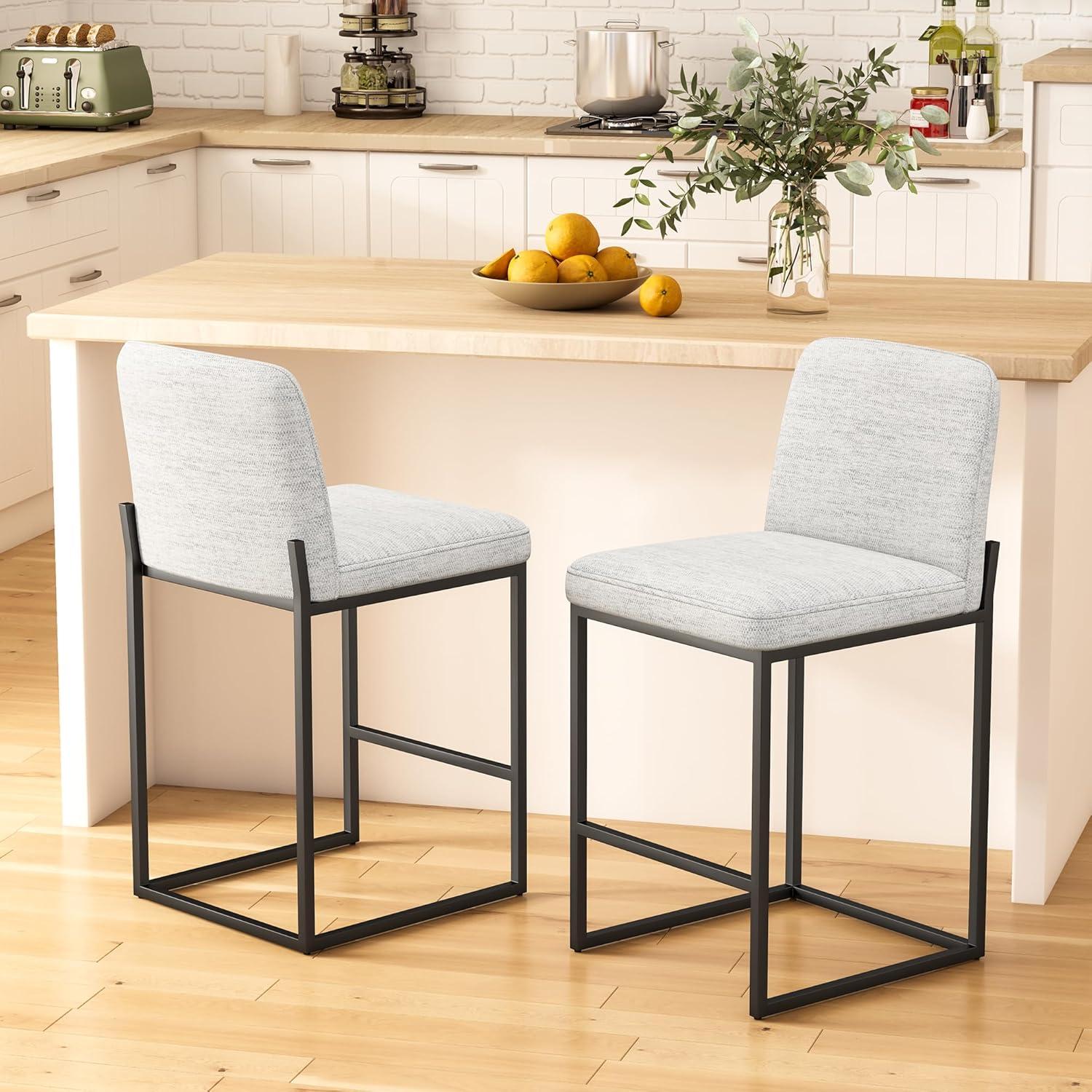 Light Gray Linen Upholstered Counter Stools with Black Metal Legs, Set of 2