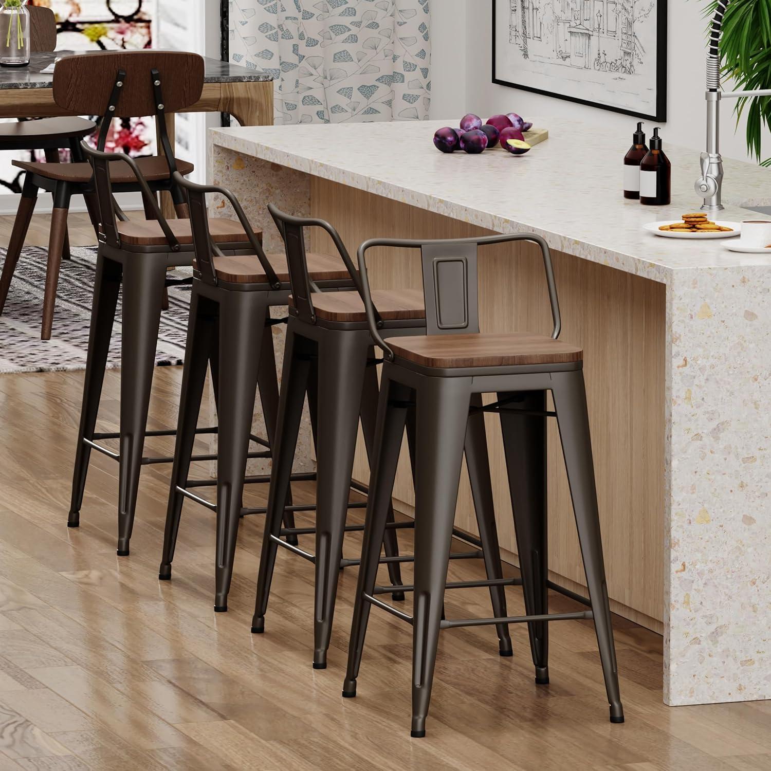 Yaheetech 24" Low Back Metal Counter Height Bar Stools with Wood Seat & Footrest, Set of 4