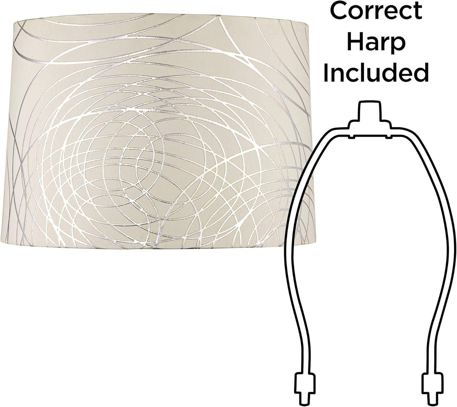 Springcrest Off-White with Silver Circles Medium Drum Lamp Shade 15" Top x 16" Bottom x 11" High (Spider) Replacement with Harp and Finial