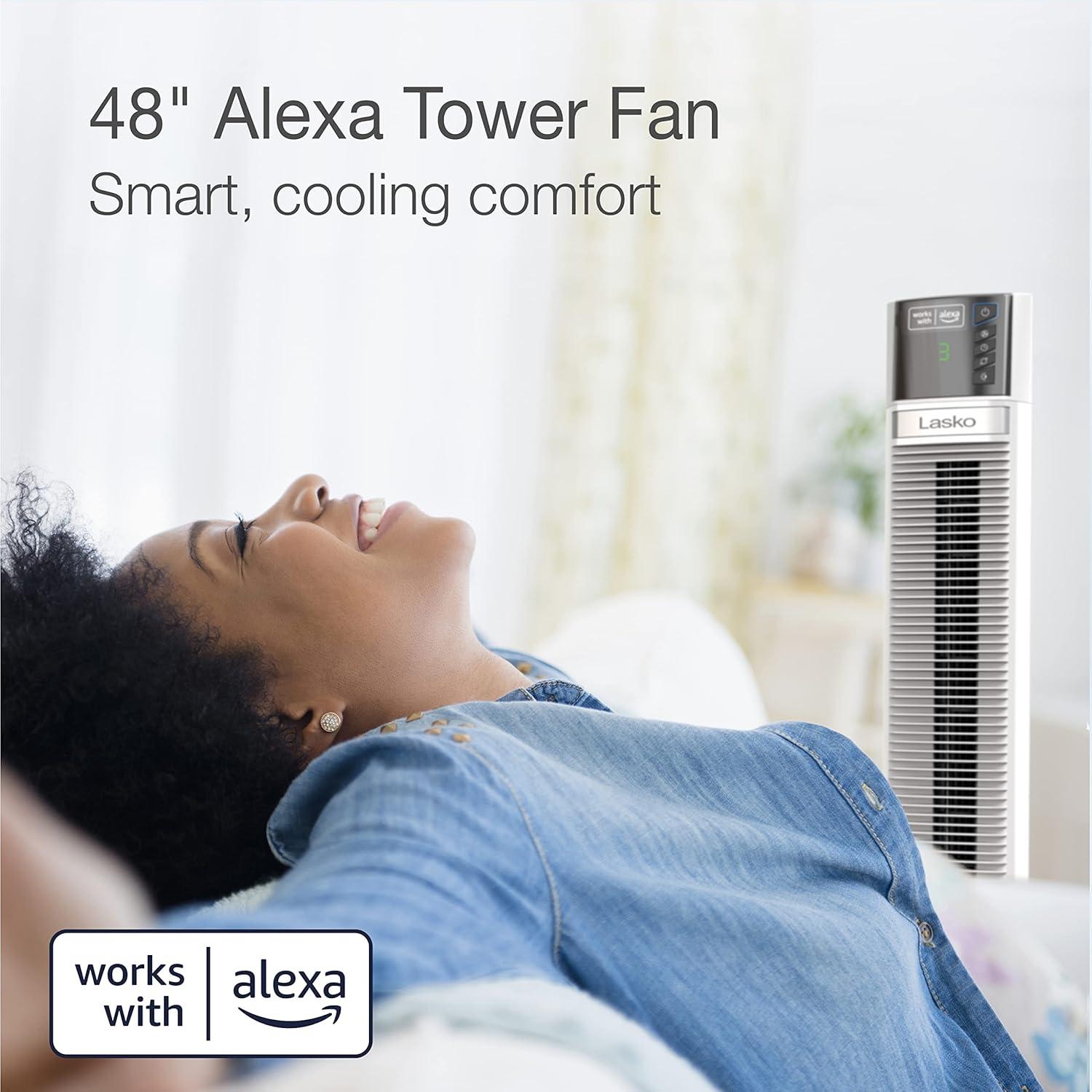 48-Inch White Oscillating Tower Fan with Alexa and Four Speeds