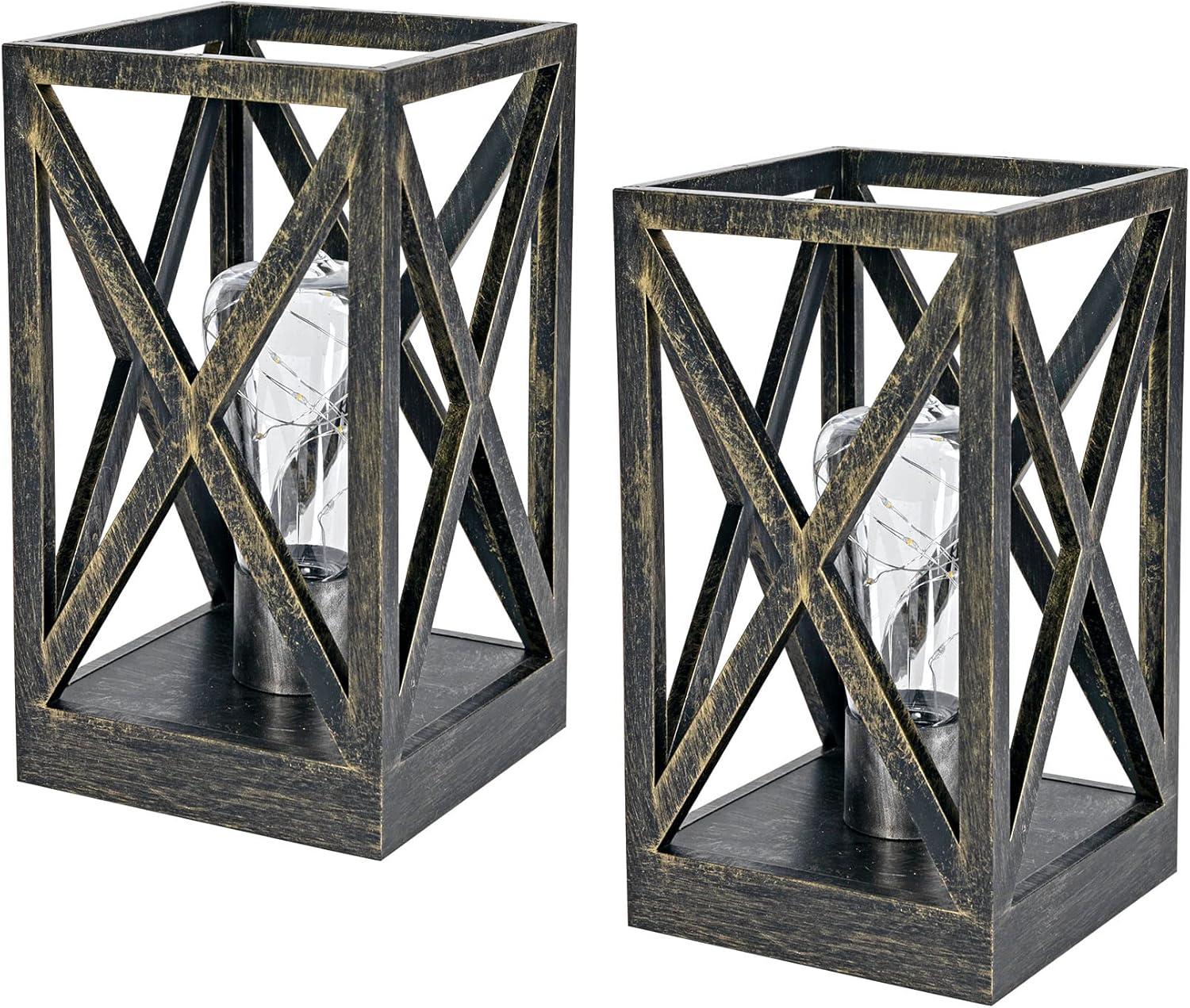 WINGBO 2 Pack Retro Battery Powered Table Lamps, Battery Operated Cordless Lamp Set, Portable Nightlight Decorative Light for Living Room Dining Room Bedroom Entryway Patio, Black & Gold Finish