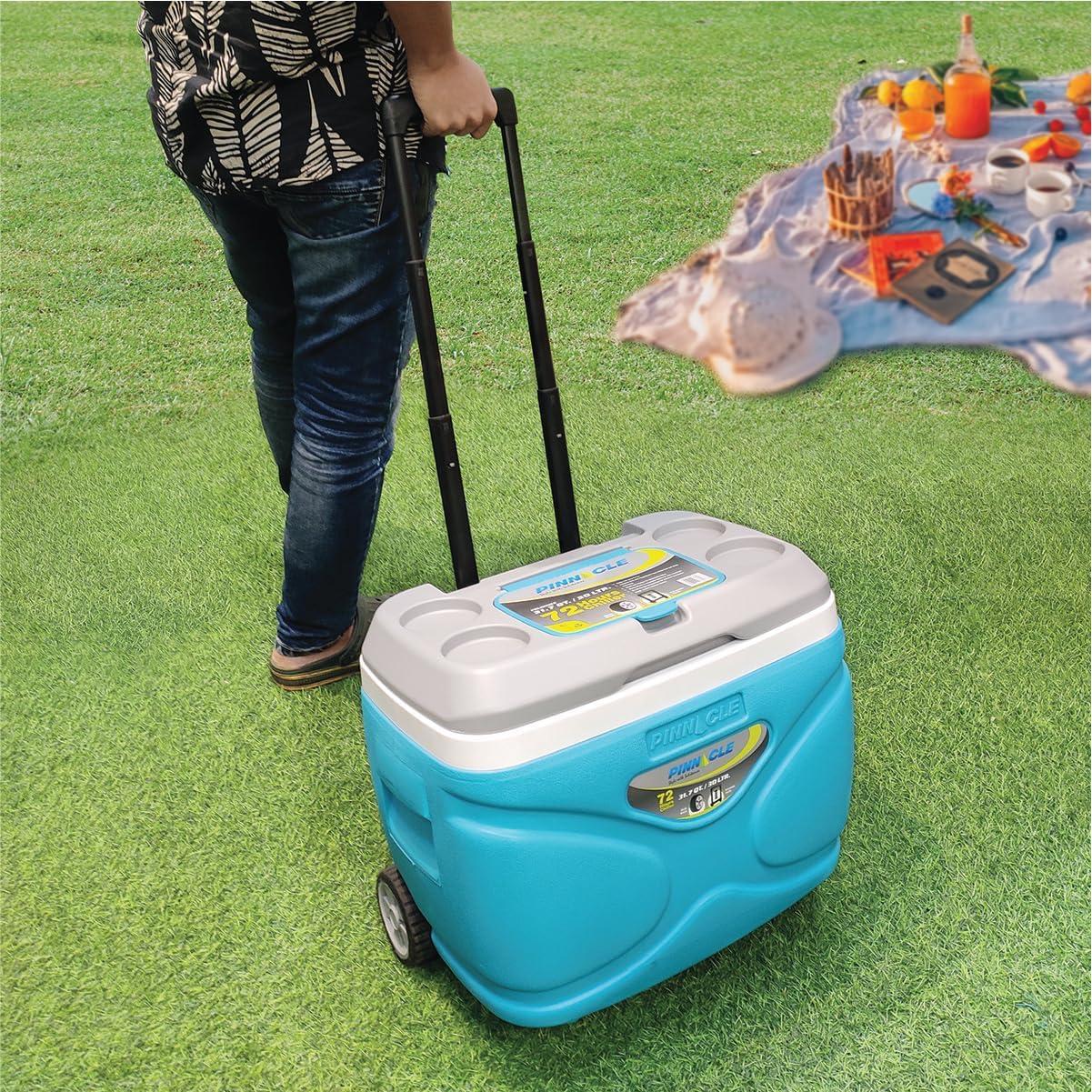 Pinnacle Cooler with Wheels – Practical Set of 30L Cooler with Wheels and Handle – Includes Smaller 11L and 4.5L Camping Coolers and 2 Ice Bricks – Cup Holder and Sitting Lid – Extended Cooling Time
