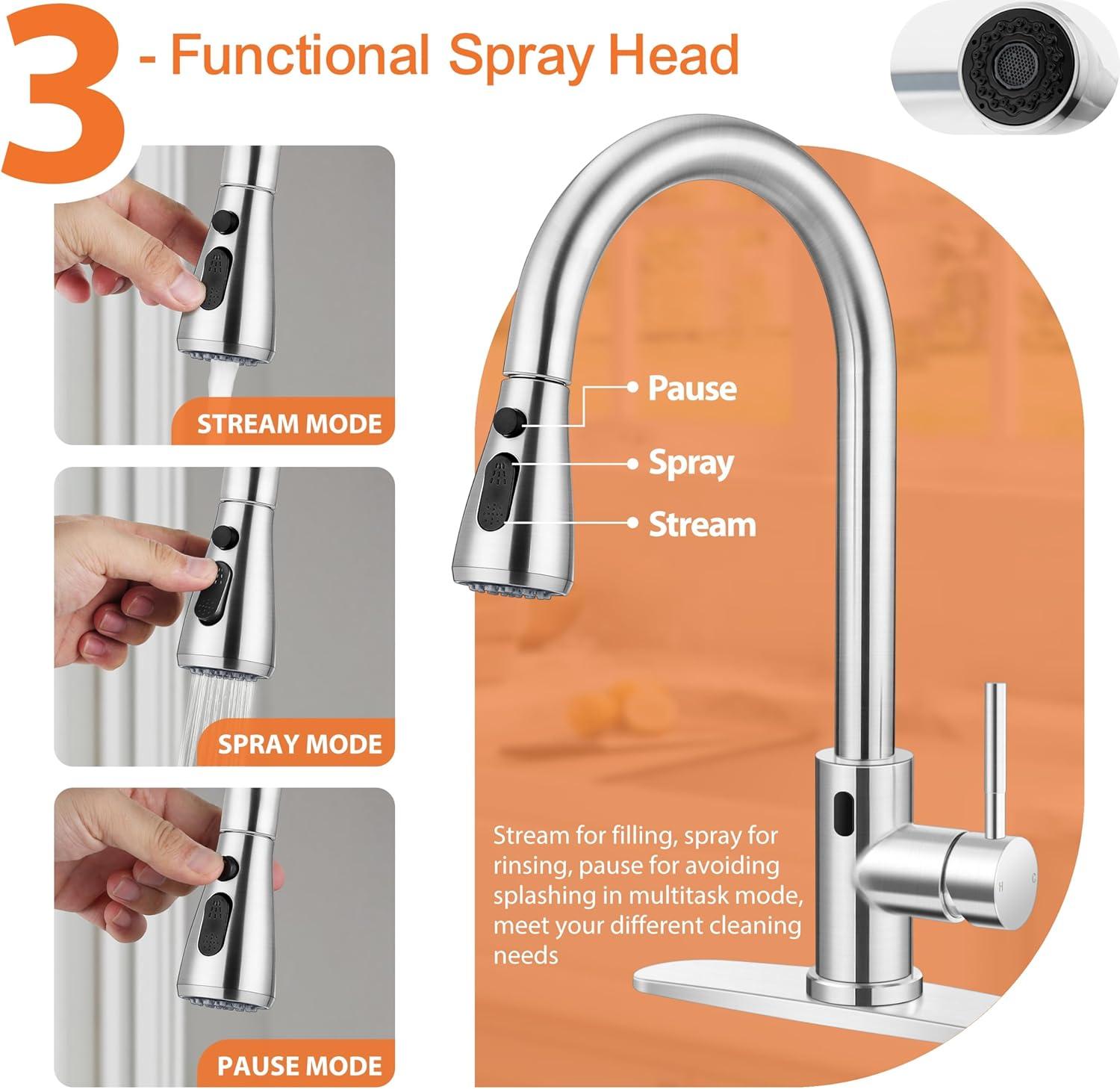 Automatic Smart Mobile Motion Sensor Kitchen Sink Faucet with 3 Modes Pull-Down Sprayer