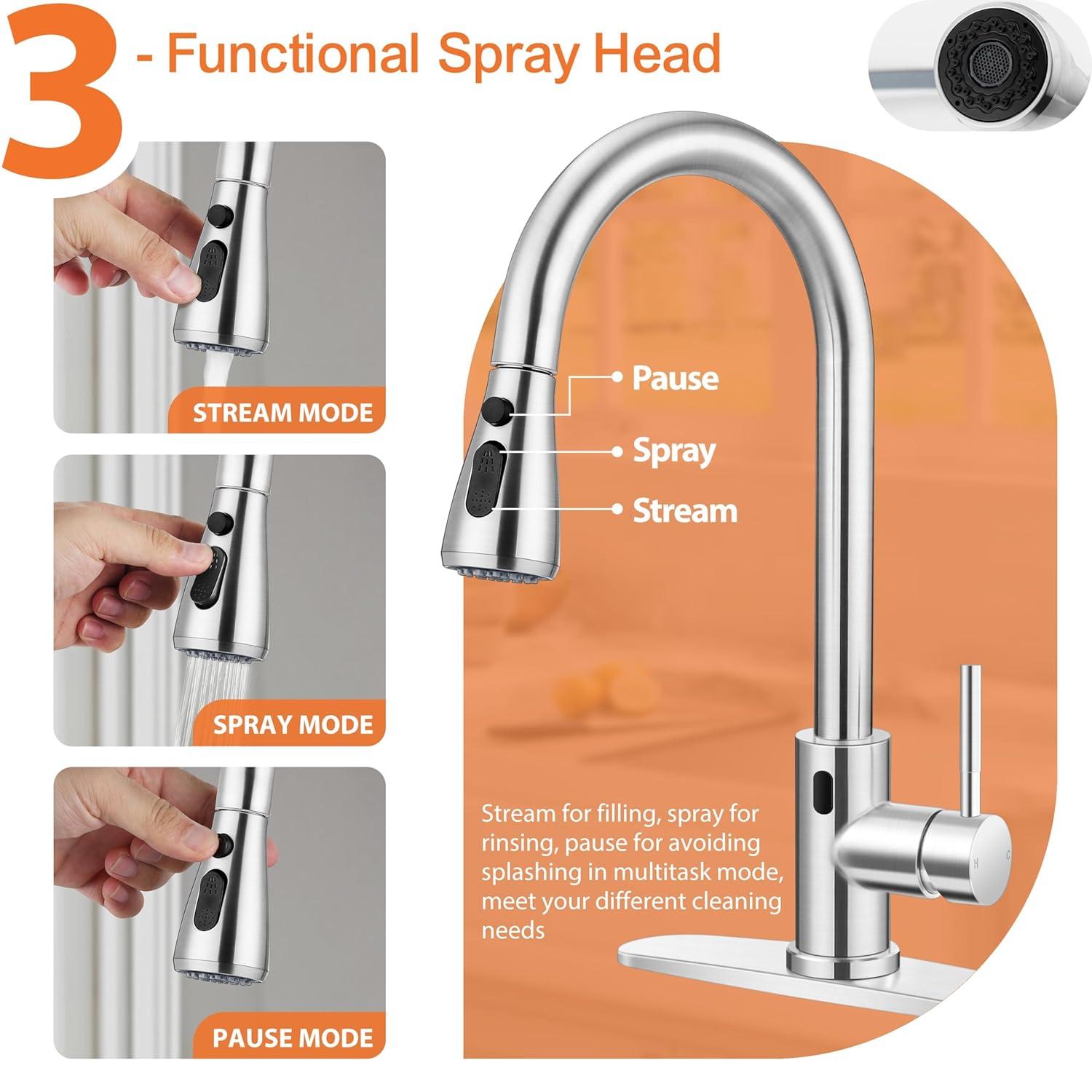 ARCORA Automatic Smart Mobile Motion Sensor Kitchen Sink Faucet with 3 Modes Pull-Down Sprayer AR7100301-MS