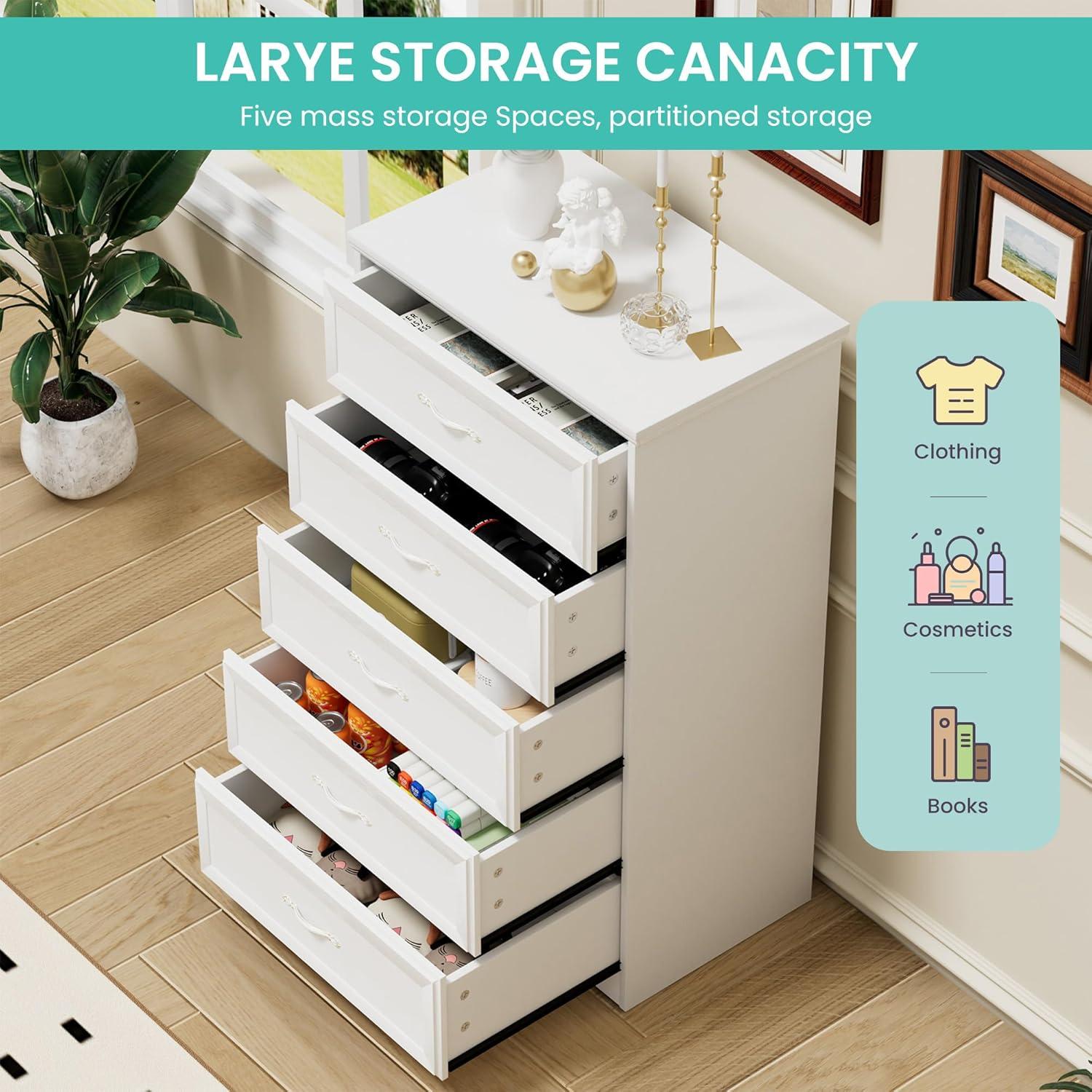 White Laminated 5-Tier Space-Saving Chest of Drawers