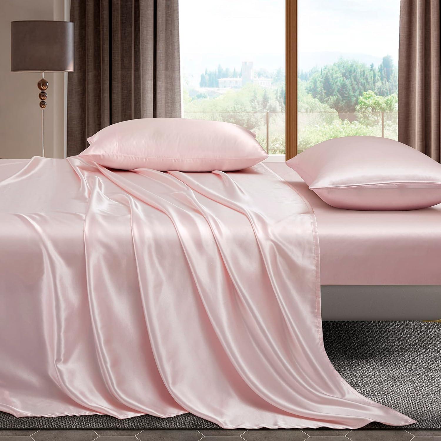 Homiest 4pcs Satin Sheets Set Luxury Silky Satin Bedding Set with Deep Pocket, 1 Fitted Sheet + 1 Flat Sheet + 2 Pillowcases (Queen Size, Blush Pink)