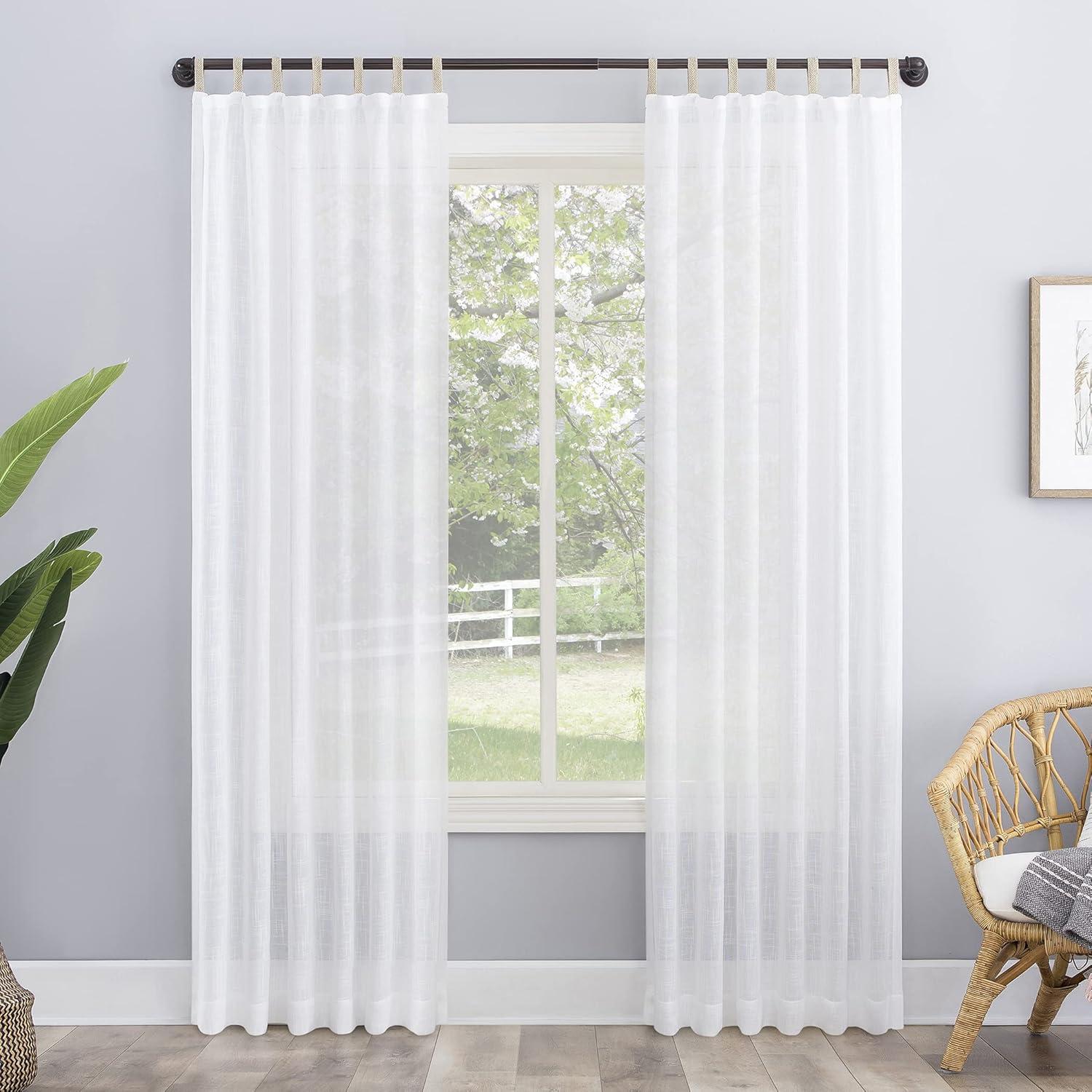 White Linen Texture Sheer Tab Top Curtain Panel