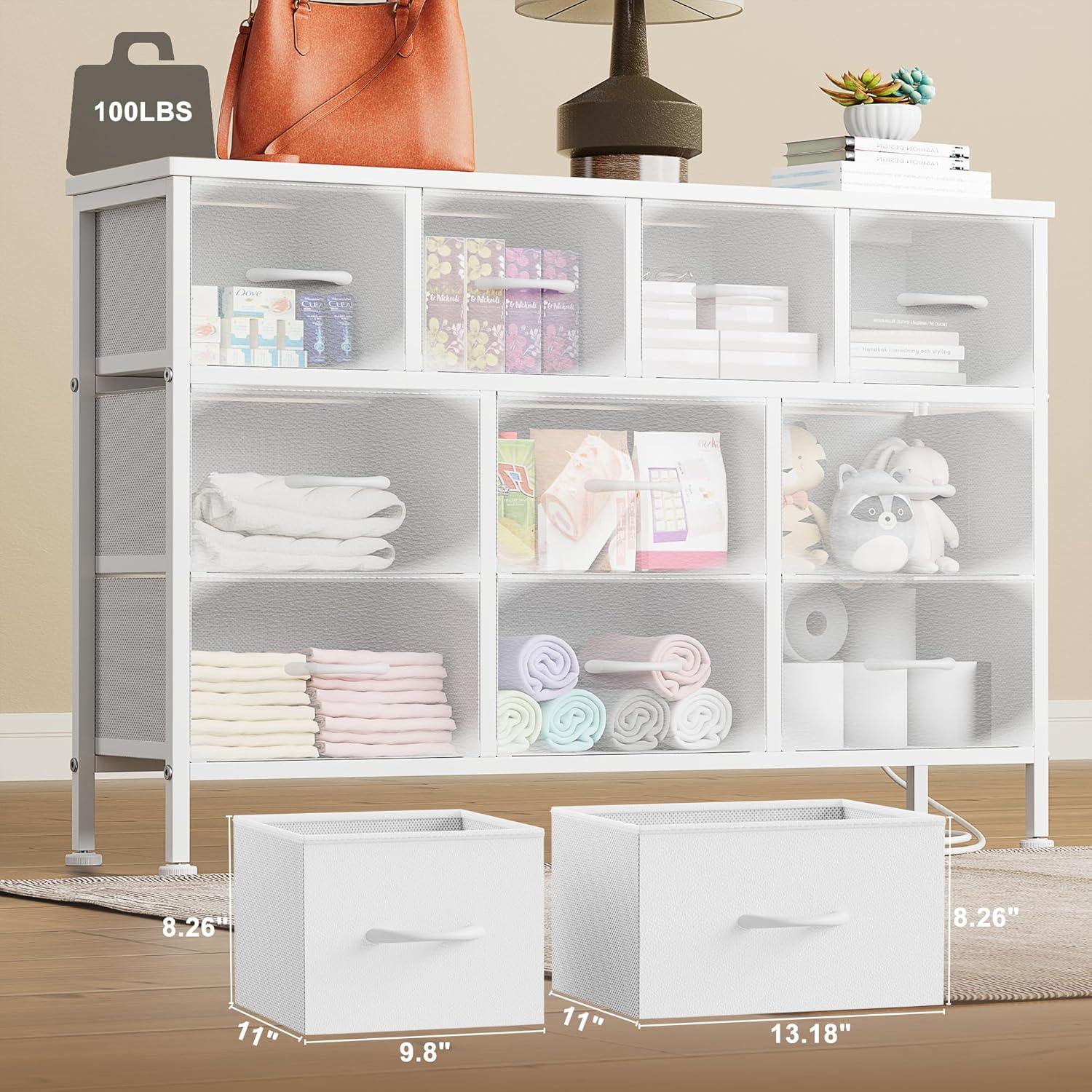 Lulive 10 Drawer White Dresser for Bedroom, Dresser TV Stand with Power Outlet, Entertainment Center Chest of Drawers for 55'' Long TV, Wide Fabric Dresser for Storage and Organization (White)