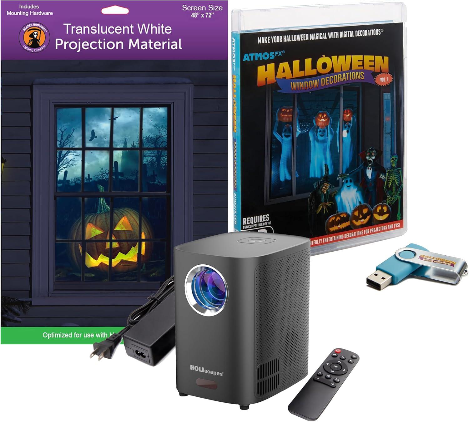 Halloween Digital Decoration Kit Includes 8 AtmosFX Video Effects for Halloween Plus HD Super Bright Projector and 48” x 72” Holographic Projection Screen