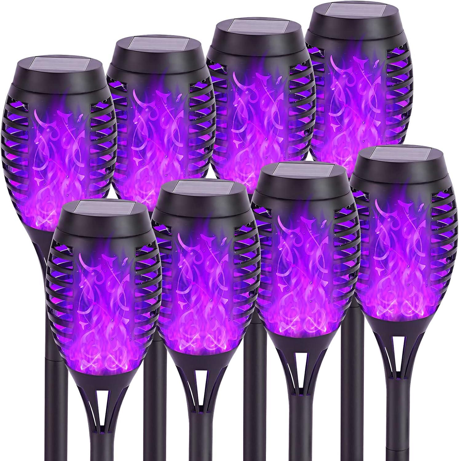 8Pack Halloween Decorations Outdoor, Halloween Solar Lights with Purple Flame for Halloween Decor, Waterproof Halloween Lights Outdoor, Solar Pathway Lights for Lawn Outside Halloween Yard Decorations