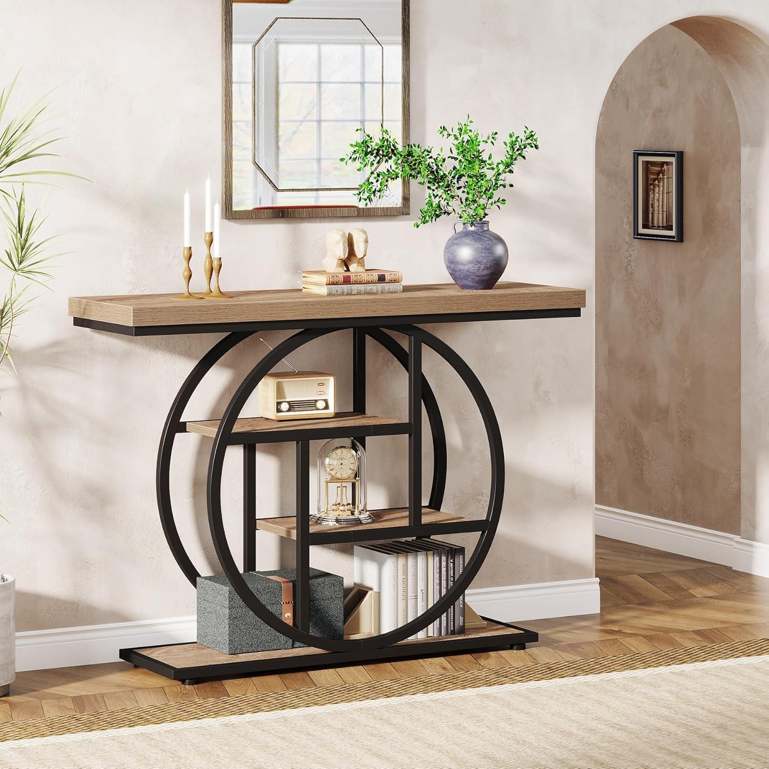 Industrial Brown Wood and Metal 4-Tier Console Table with Circle Base