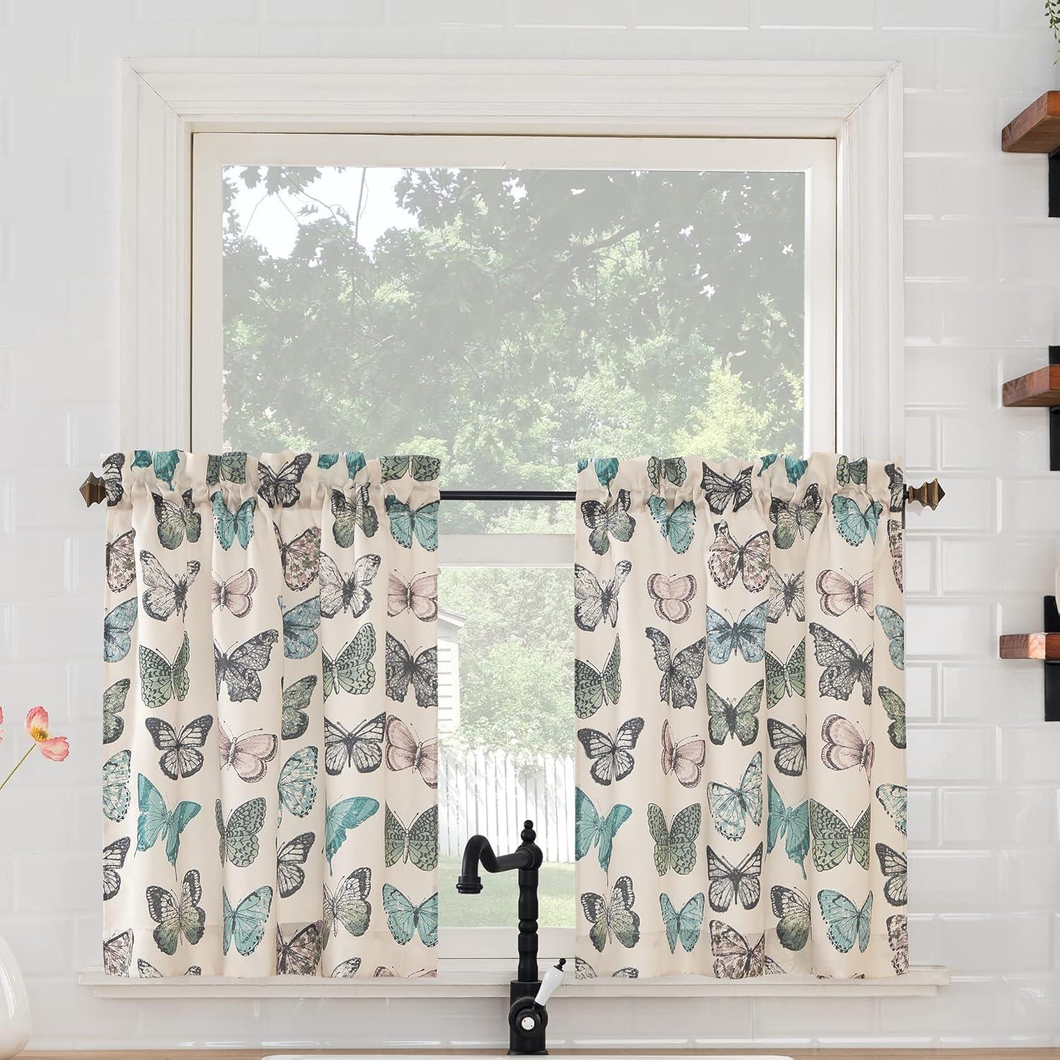 Blue Butterfly Print Sheer Polyester Kitchen Curtain Tier Pair