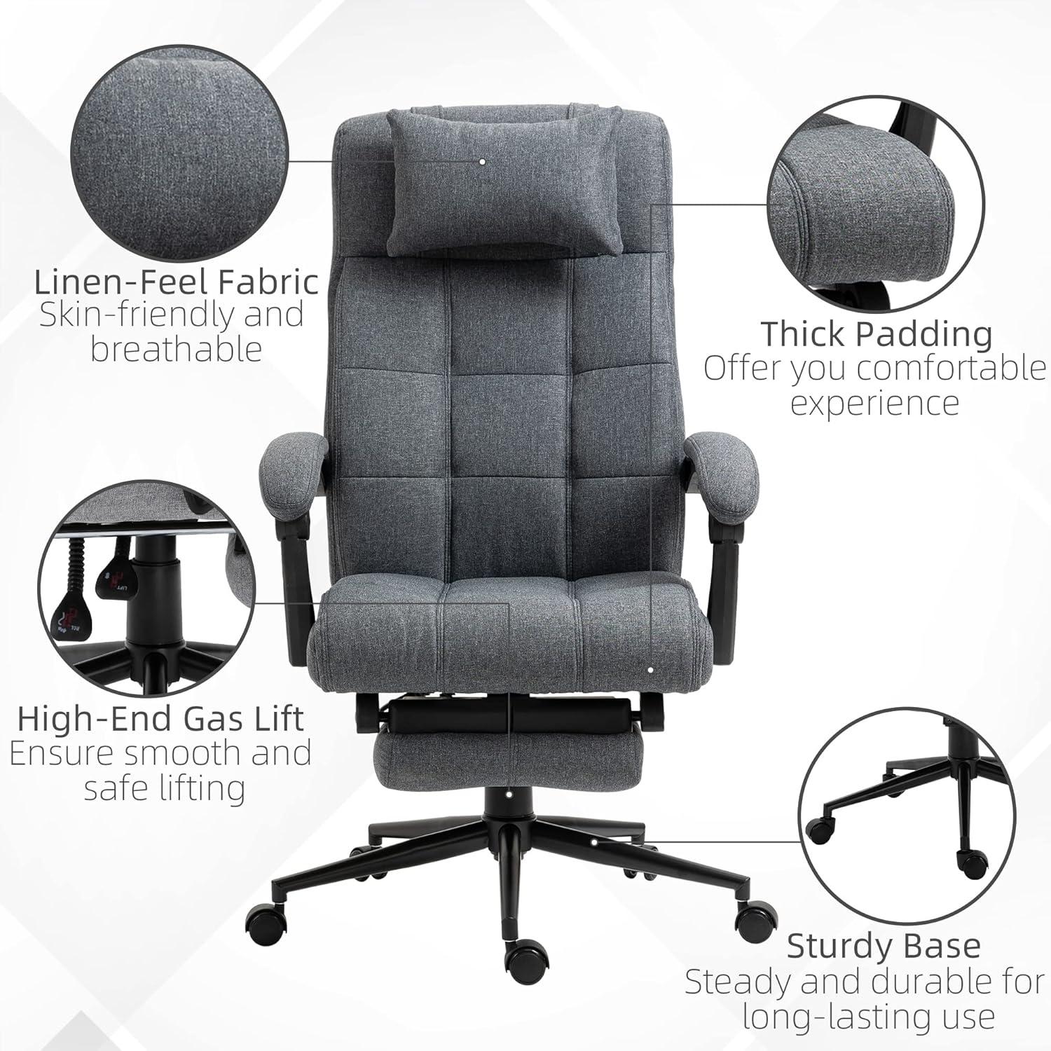 Vinsetto Executive Linen-Feel Fabric Office Chair High Back Swivel Task Chair with Upholstered Retractable Footrest, Headrest and Padded Armrest, Dark Grey