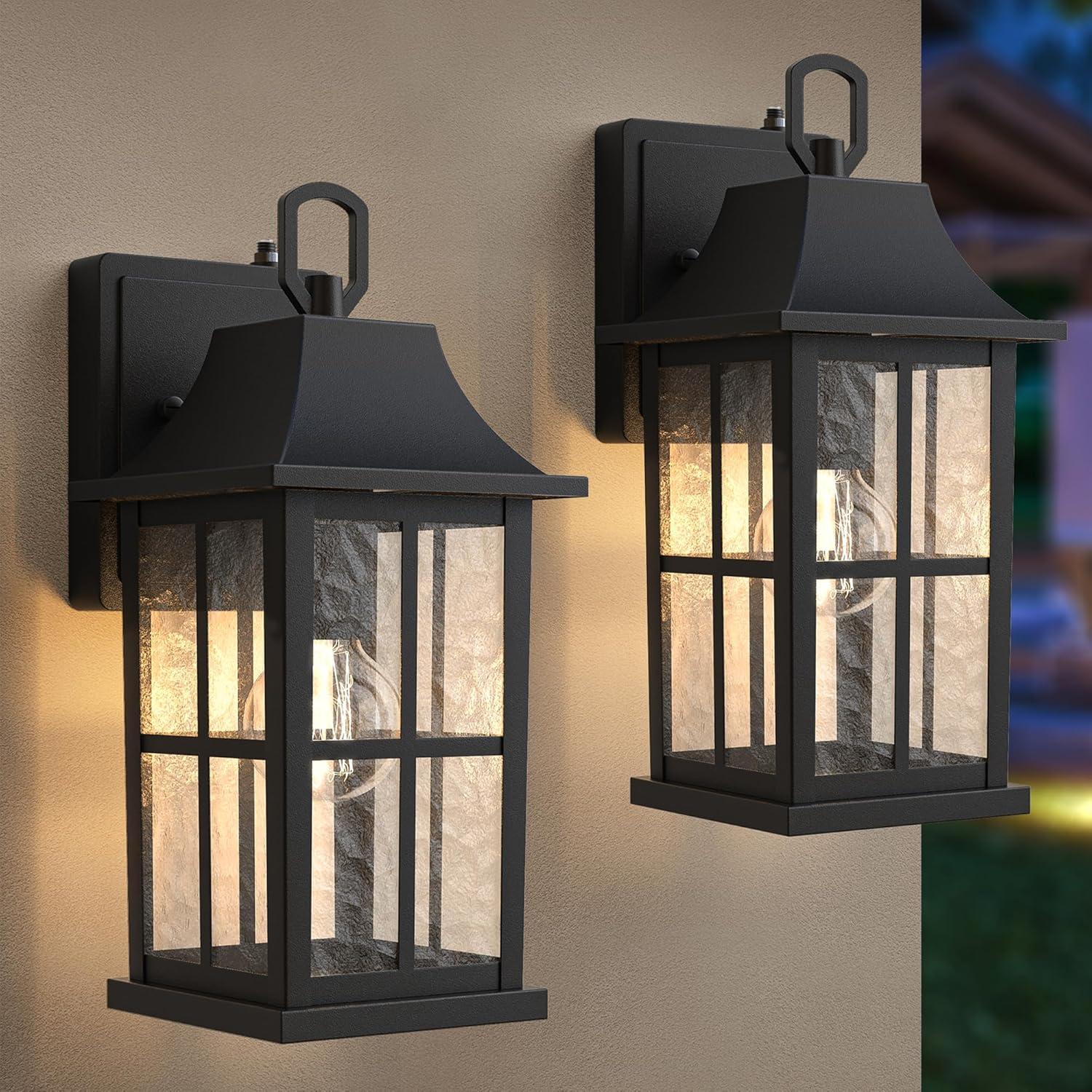 RIZPET 2-Pack Dusk To Dawn Outdoor Wall Lights, Sensor Exterior Light Fixtures Wall Mount, Porch Lights, Black Wall Lantern Wall Lamp, Waterproof Wall Sconce, Outside Lighting For Garage, Front Door (Set of 2)