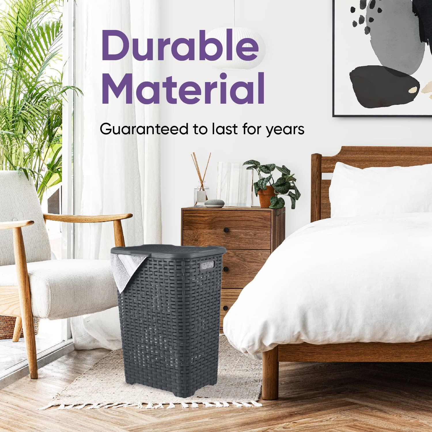 Gray Wicker Upright Hamper with Hinged Lid