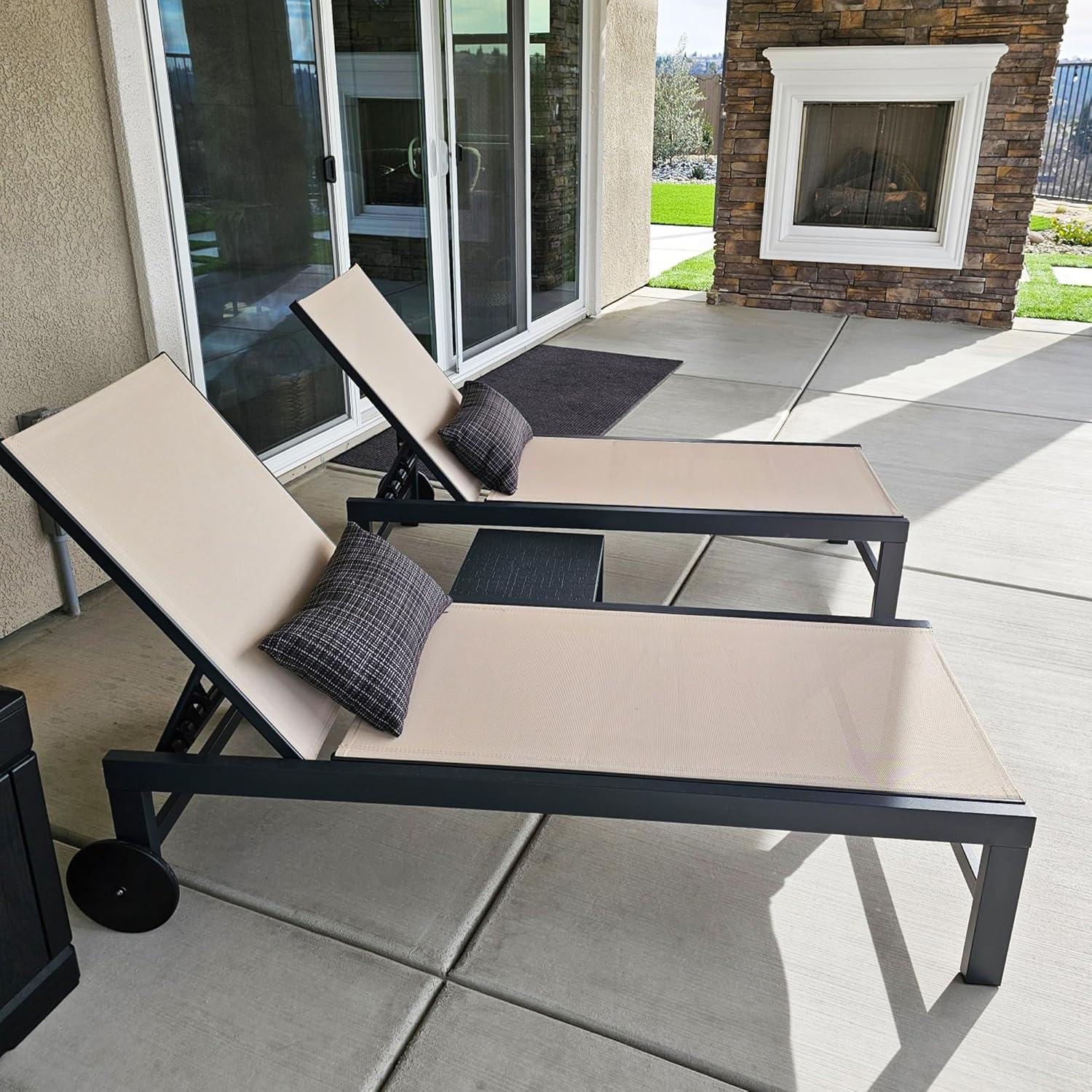 PURPLE LEAF Outdoor Chaise Lounge with Wheels for Outside 2 Pieces Aluminum Patio Lounge Chair with 5 Adjustable Position Recliner for Patio, Beach, Yard, Pool, Side Table Included, Beige