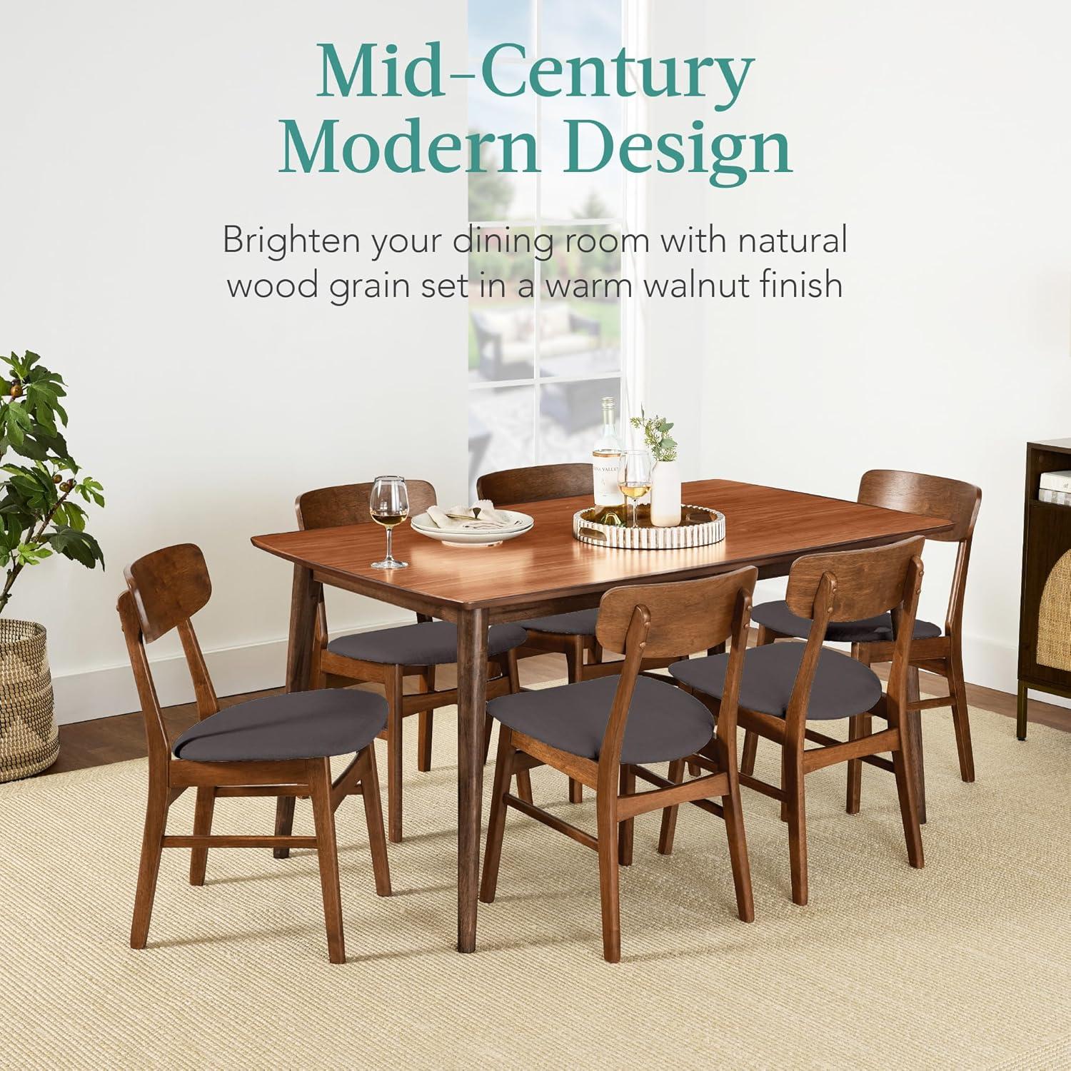 George Oliver 7-Piece Mid-Century Modern Upholstered Dining Set, Wooden Table W/ 6 Chairs - Walnut/Gray