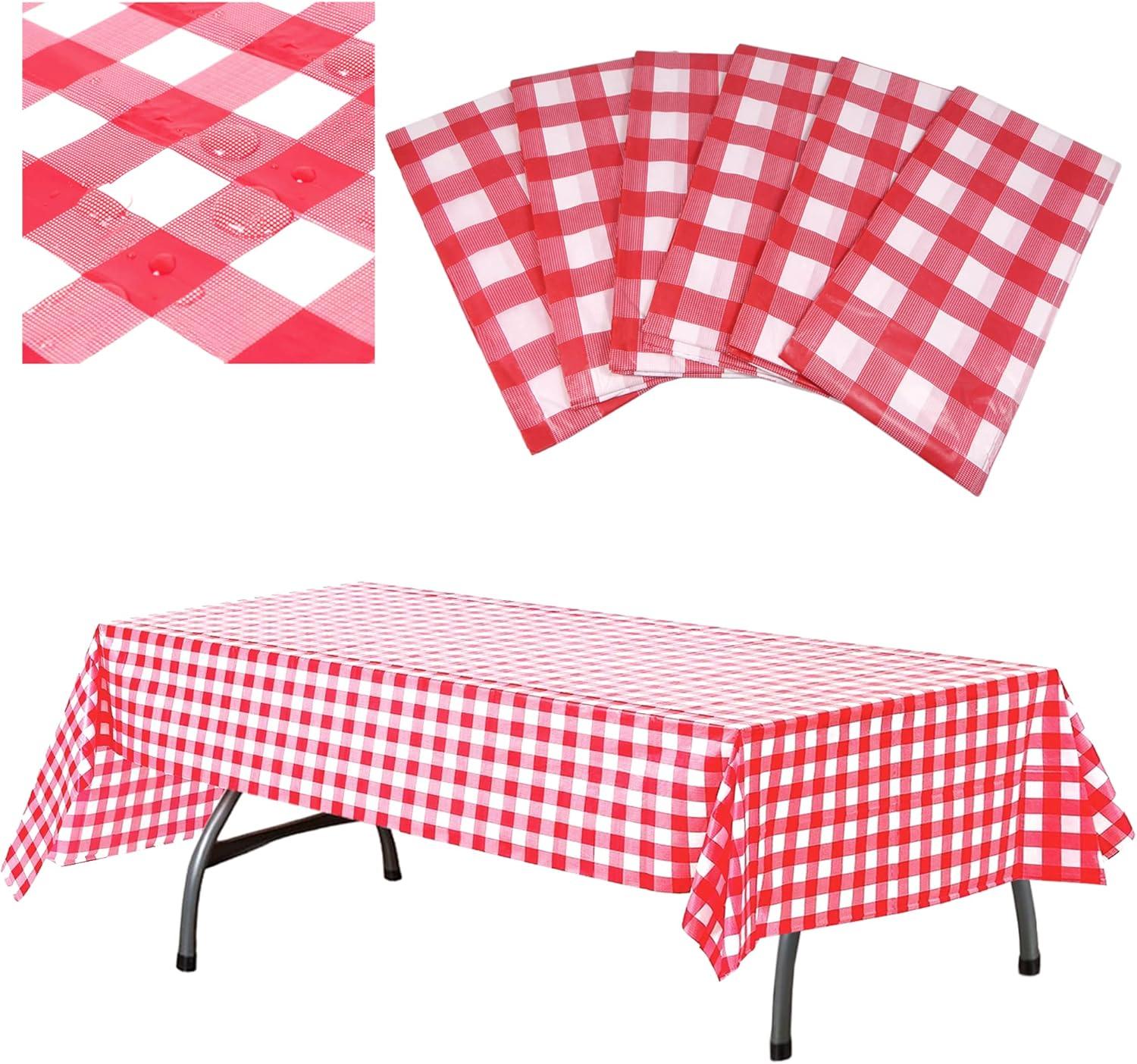 Red and White Rectangular Plastic Checkered Tablecloth Set