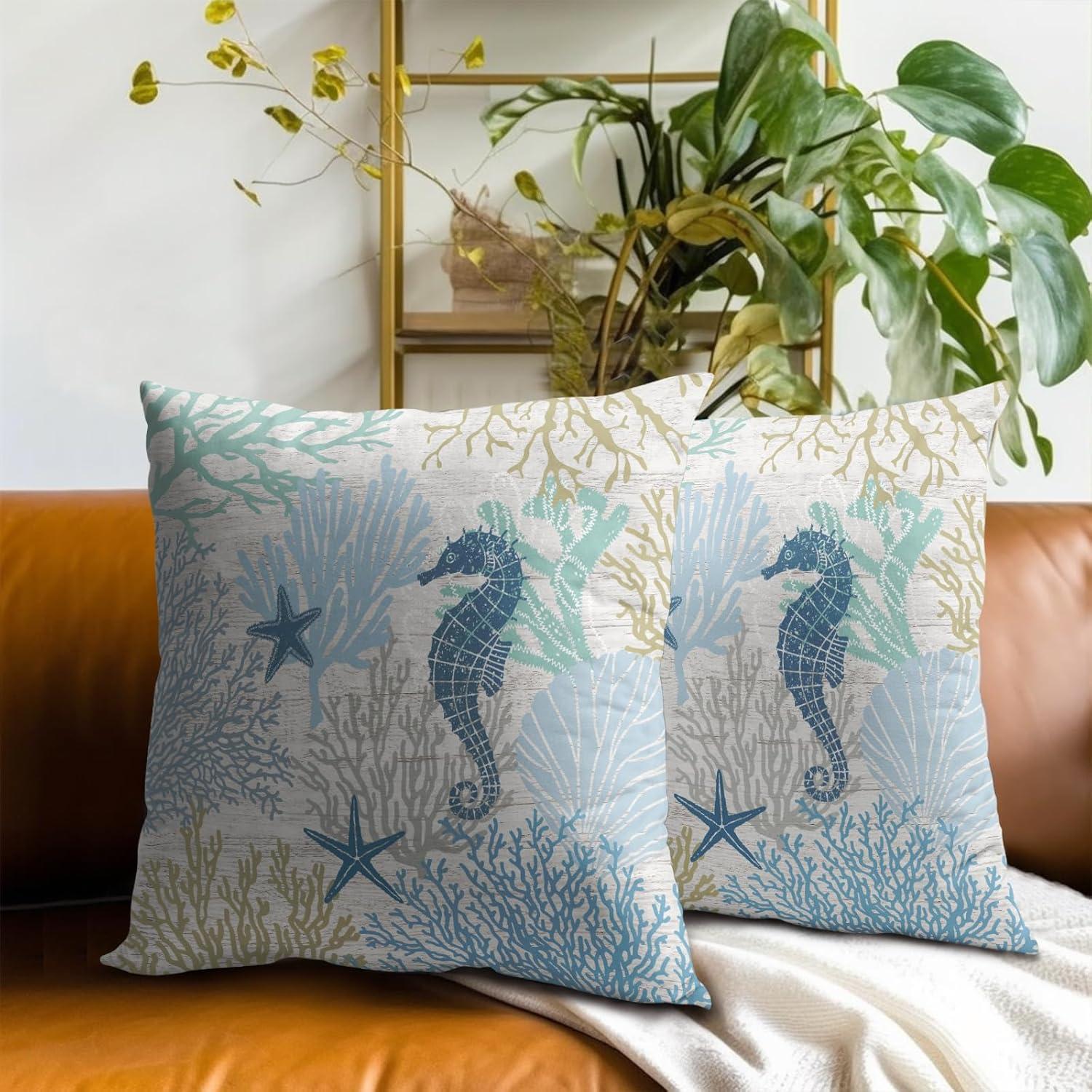 Burnt Orange Summer Outdoor Coastal Pillow Covers 18x18 Inch Set of 2 Fall Coral Seashell Starfish Throw Pillows Ocean Themed Beach Nautical Decorative Cushion Cases for Couch Decorations
