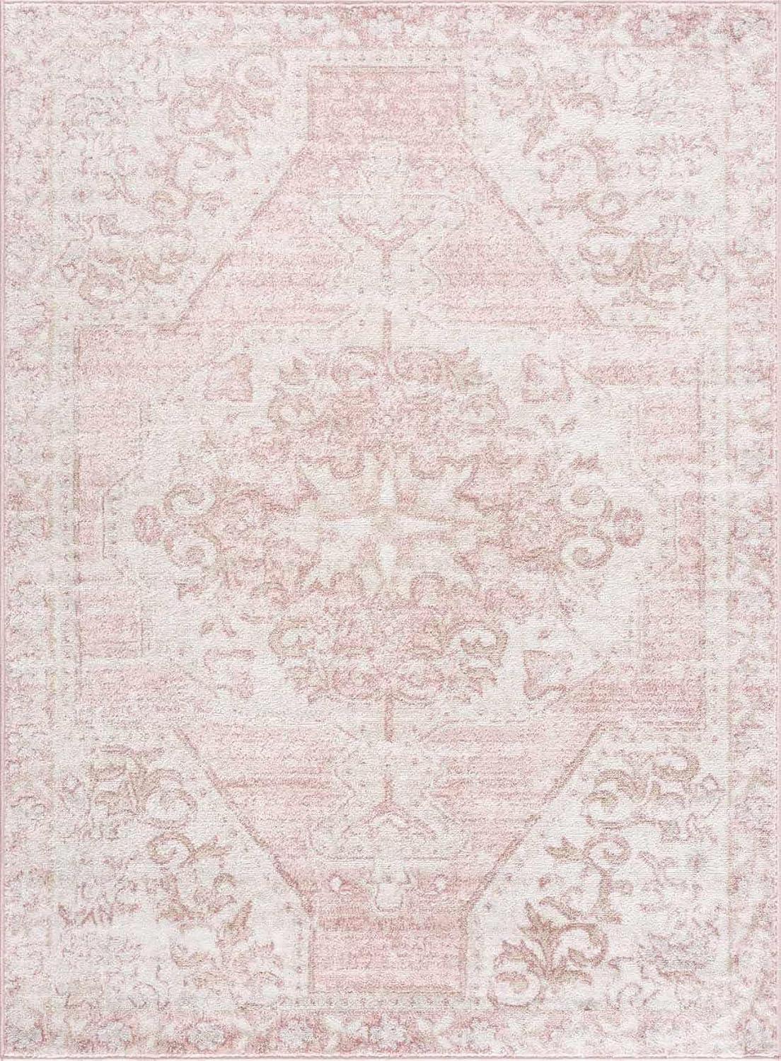 BoutiqueRugs Blush & Light Pink Collection Snead Bohemian Oriental Medallion Large Area Rug - Traditional Floral Carpet for Living Room - Blush, Pale Pink, Cream - 7'10" x 9'6" (8x10 Area Rug)