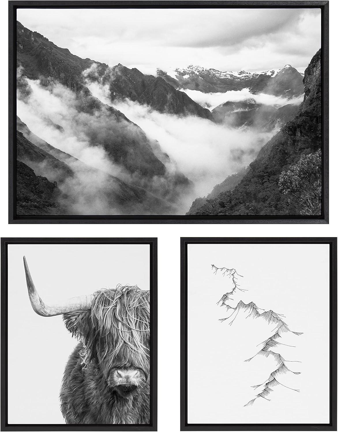 Sylvie Highland Cow, Mountains, and Inca Trail 23 in x 33 in Framed Photography Canvas Art Prints, by Kate and Laurel Set of 3