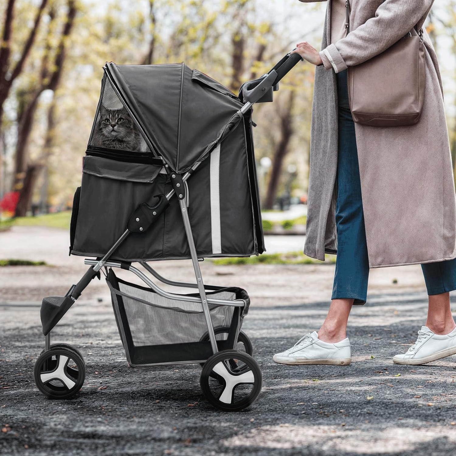 ATCHISON Foldable Pet Stroller, 3 Wheels Folding Carrier Jogger Stroller for Dogs Cats with Canopy and Basket