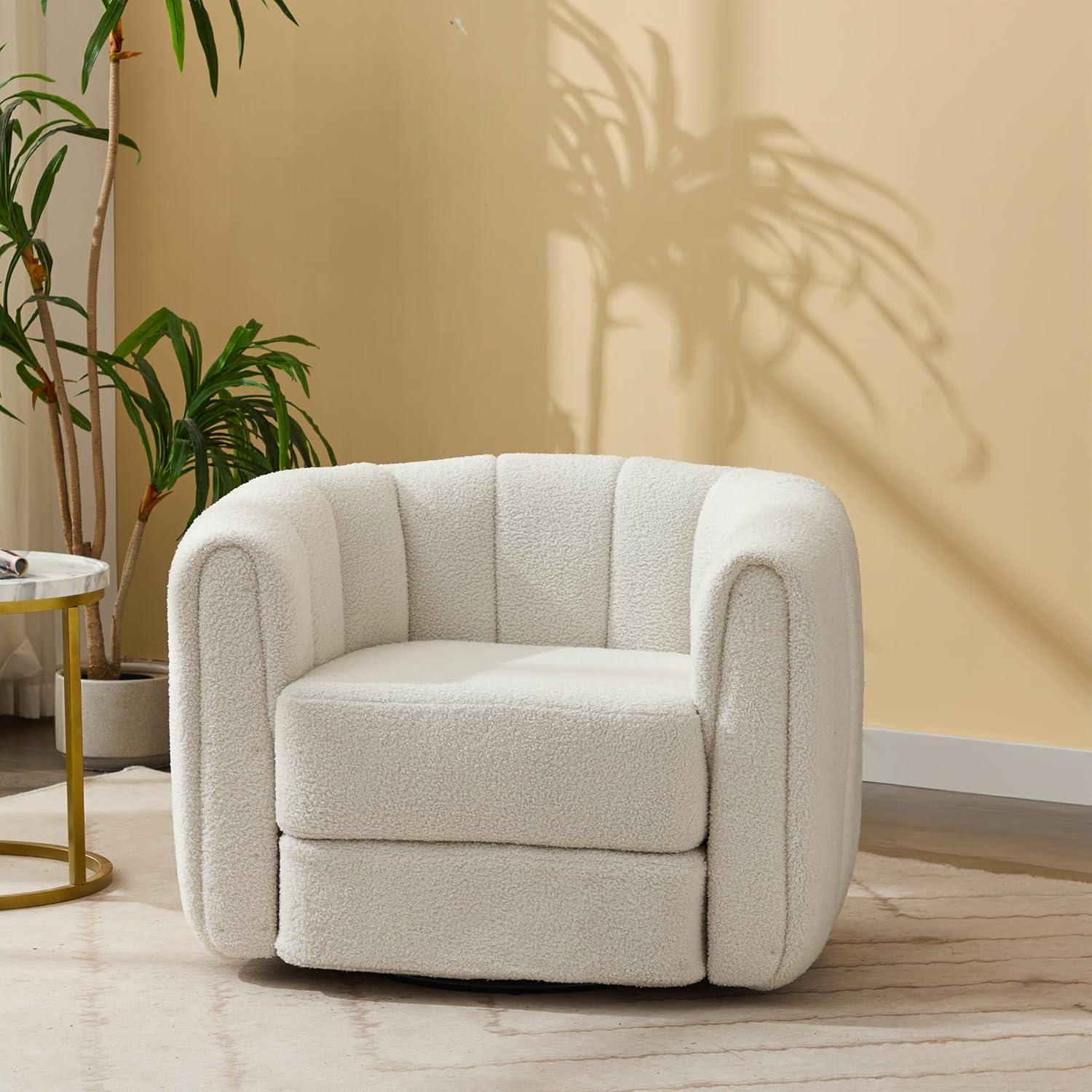 White Velvet Swivel Barrel Accent Chair with Wood Frame