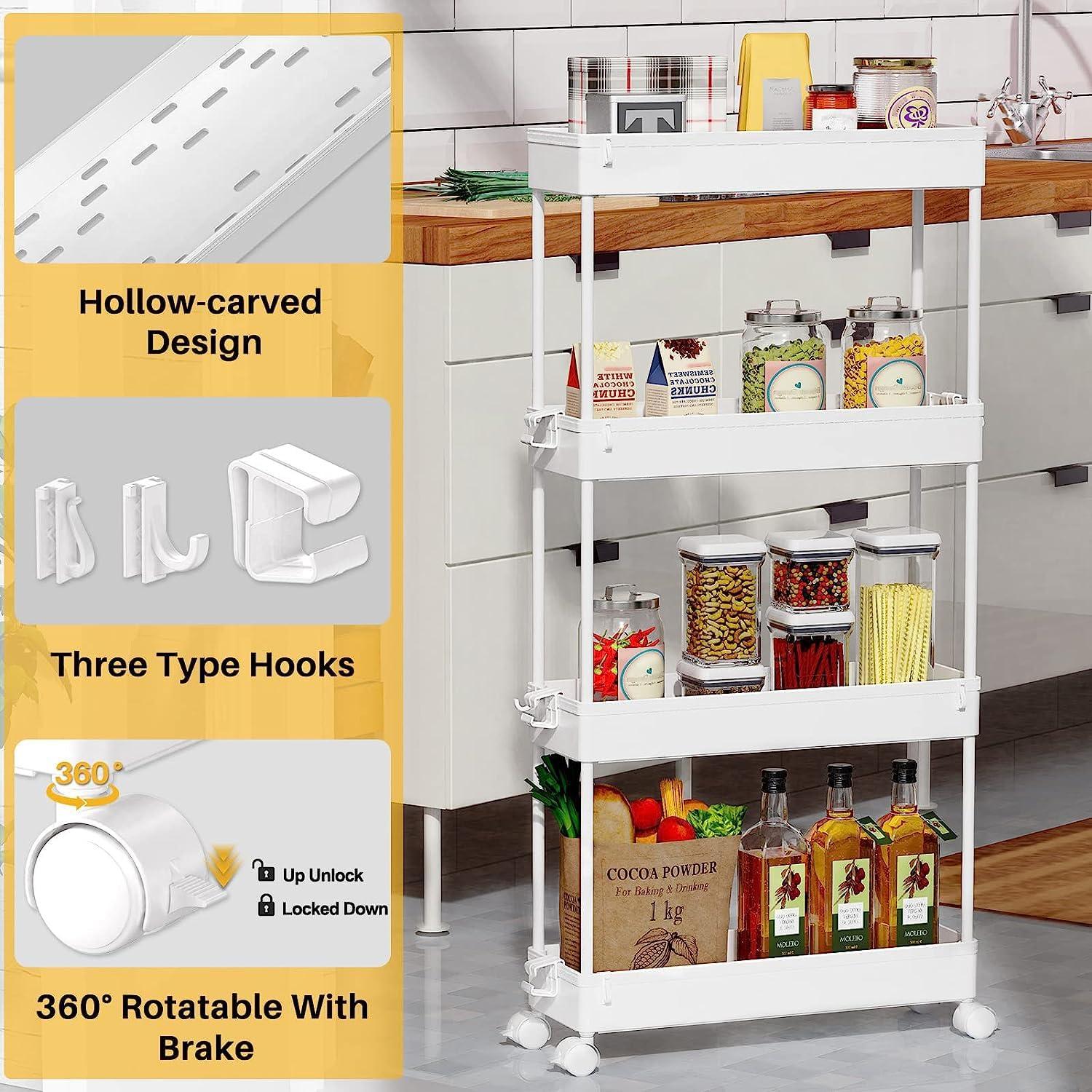 White 4-Tier Slim Rolling Storage Cart with Adjustable Shelves