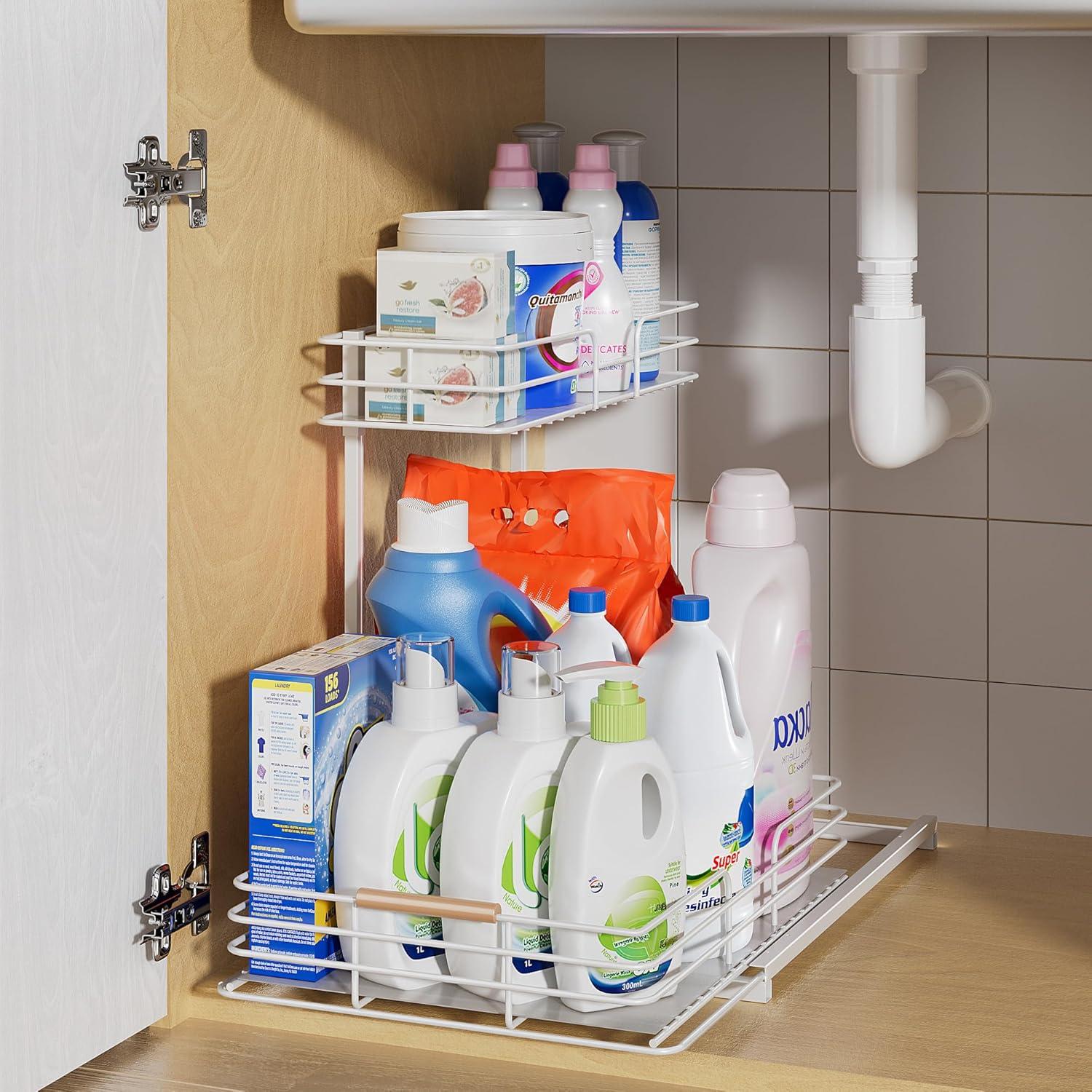 Under Sink Organizers and Storage, Pull Out Bathroom Kitchen Cabinet Organizers and Storage, 2-Tier White Under Sink Shelf Organizer Under Counter Storage Organizer