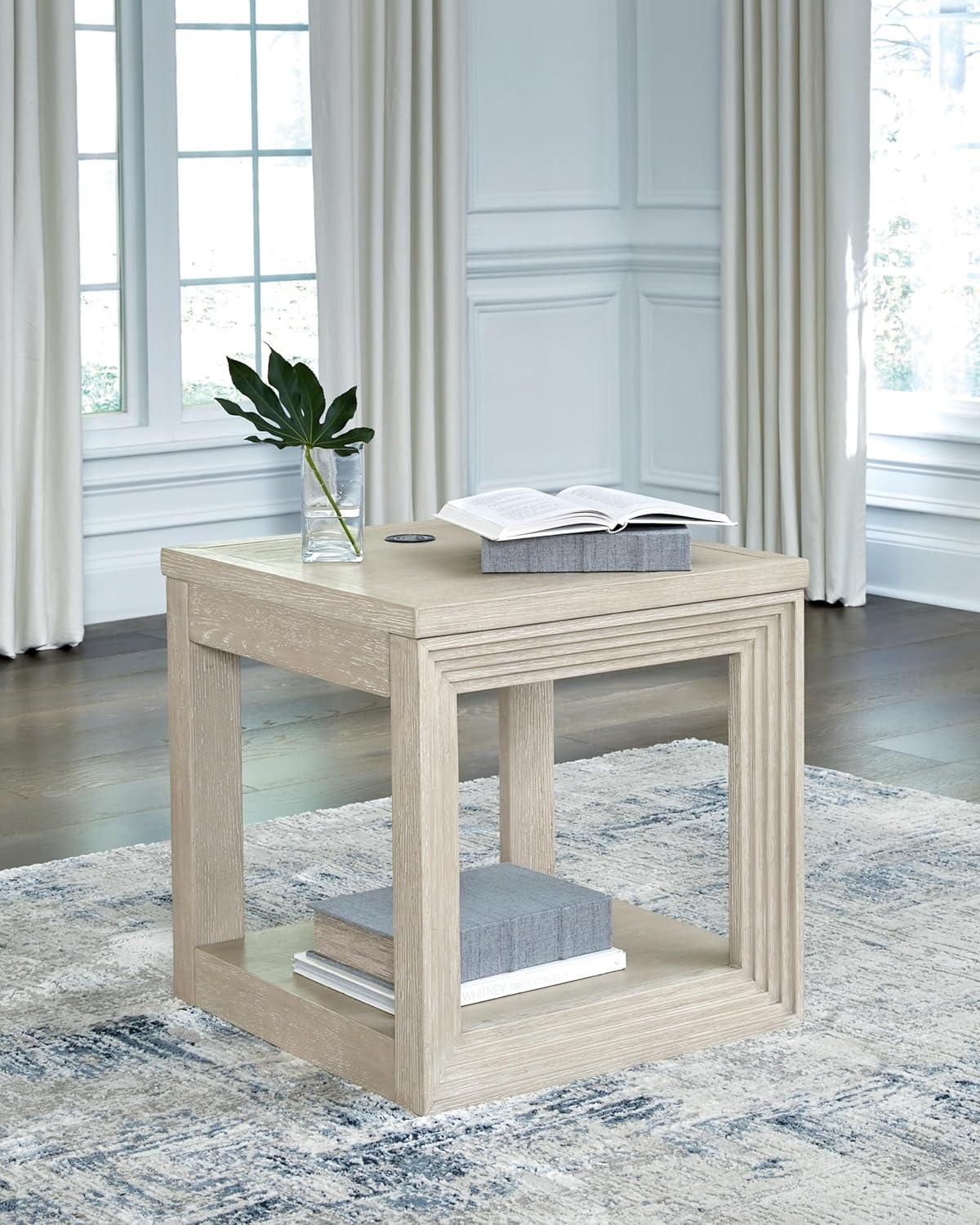 Cream Square Wood End Table with Wireless Charging