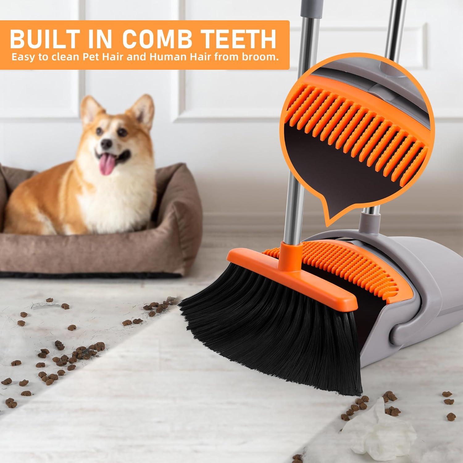 Heavy-Duty Broom and Dustpan Set for Outdoor Broom and Dust pan for Home Commercial Cleaning Supplies Angle Broom with Long Handle Perfect for Courtyard Garage Lobby Mall Market Street, B6
