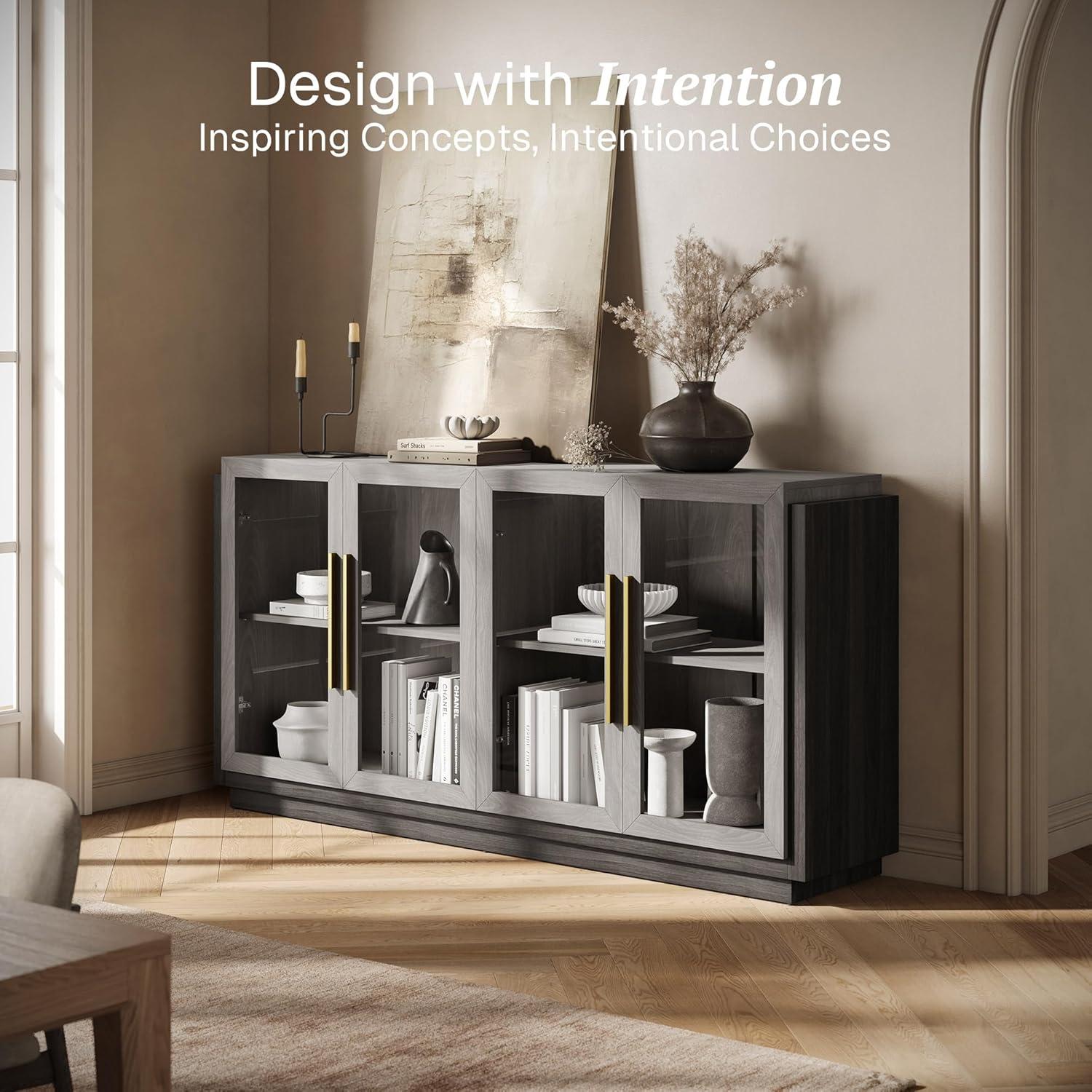 BELLEZE Sideboard Buffet Cabinet, Modern Wood Glass-Buffet-Sideboard with Storage, Console Table for Kitchen, Dinning Room, Living Room, Hallway, or Entrance - Brixston (Grey)
