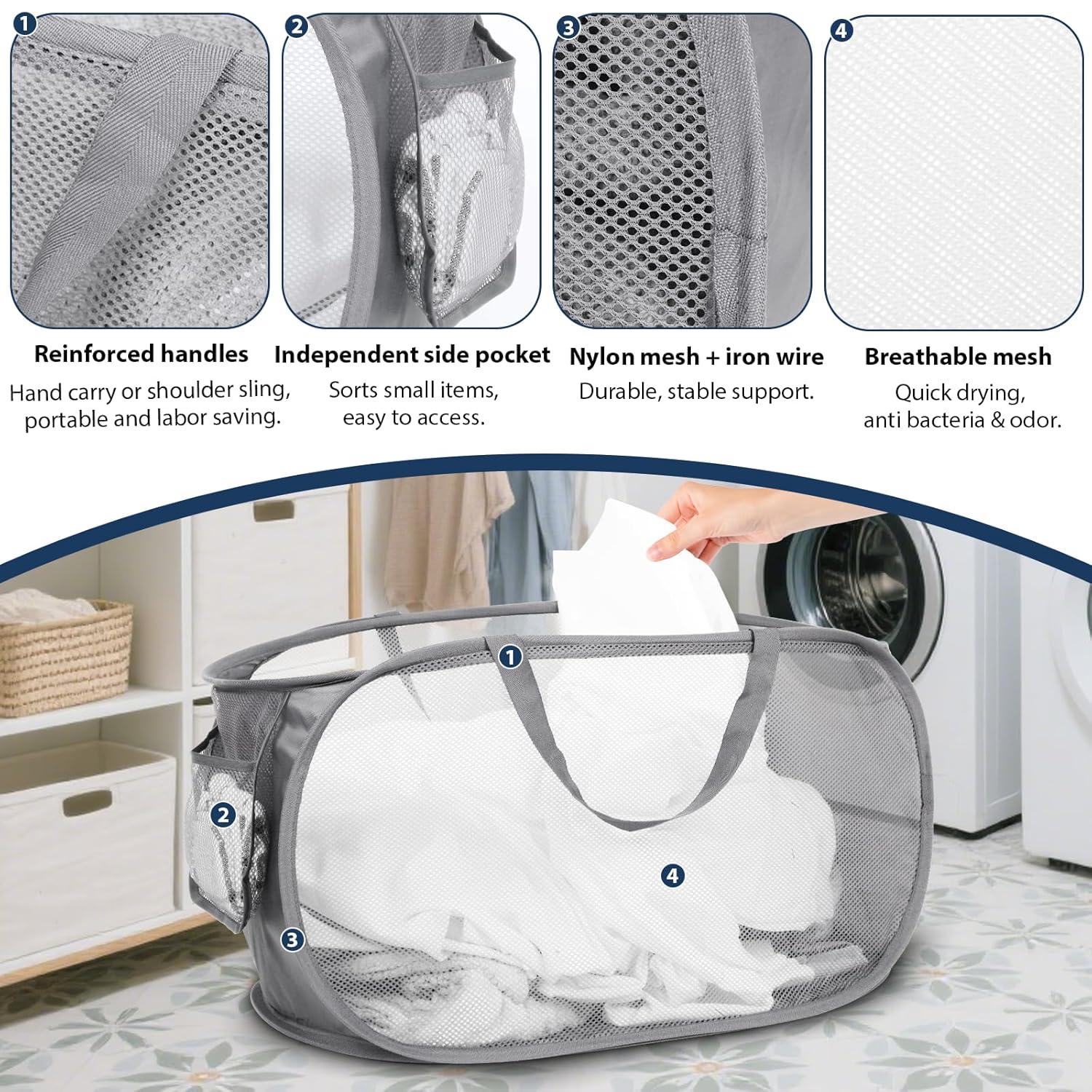 Durable Collapsible Laundry Baskets, Mesh Pop Up Laundry Hamper with Side Pocket, Foldable Clothes Storage Hamper with Reinforced Carry Handles for Laundry, Bathroom, Kids Room, Dorm or Travel Grey