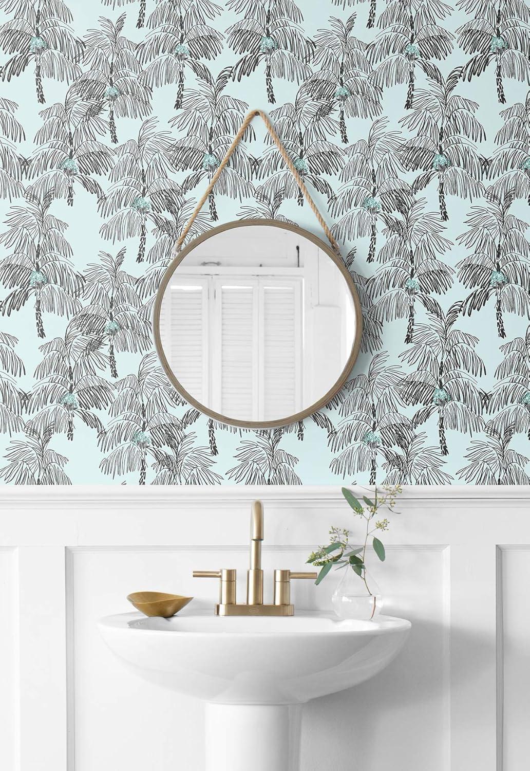 Sky Blue and Black Tropical Palm Peel and Stick Wallpaper