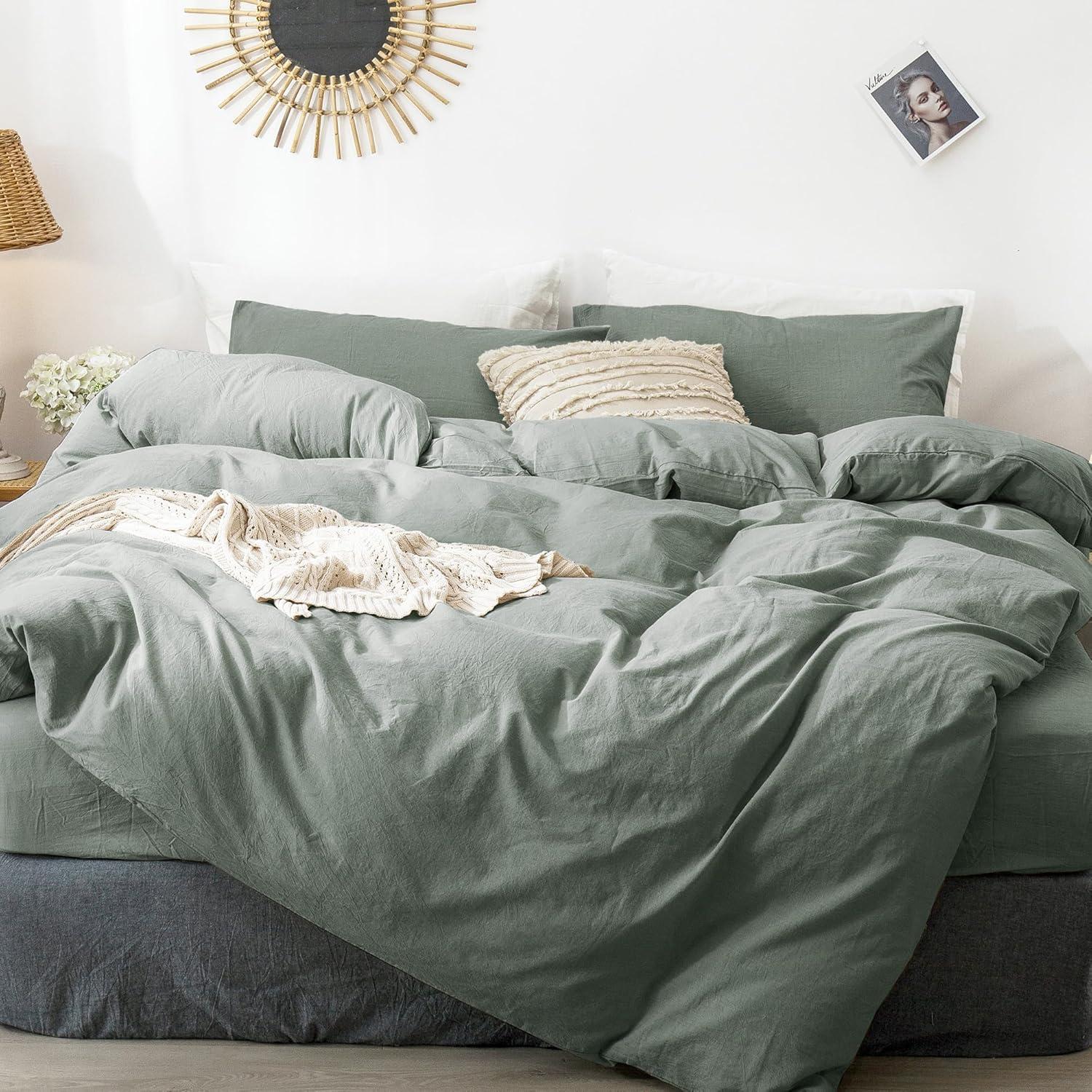 Sage Green King Linen-Like Cotton Duvet Cover Set